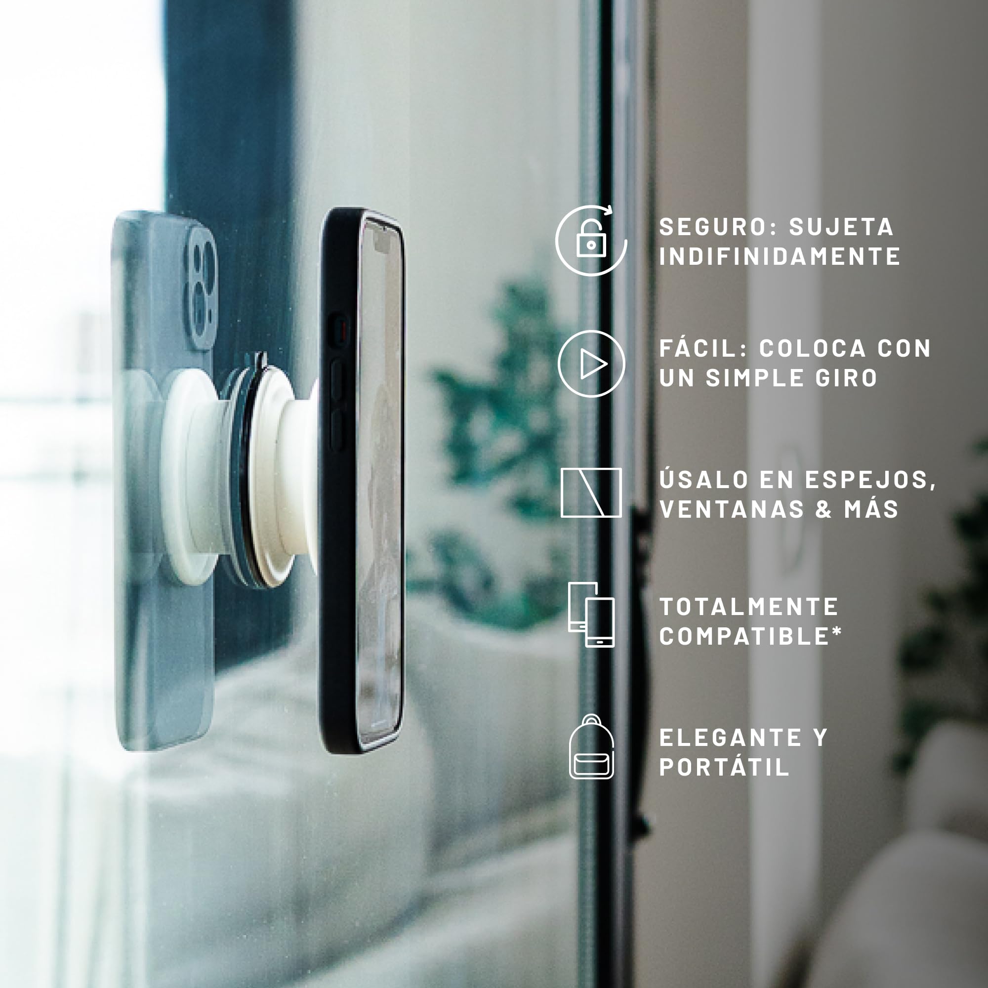 Ventosa Movil, Soporte Magnetico Movil Coche, Espejo Ducha, Soporte Magsafe Compatible con iPhone, Android y Tablets, Ideal para Fitness, Yoga, Selfies, Padel, Incluye Anillo Adaptador
