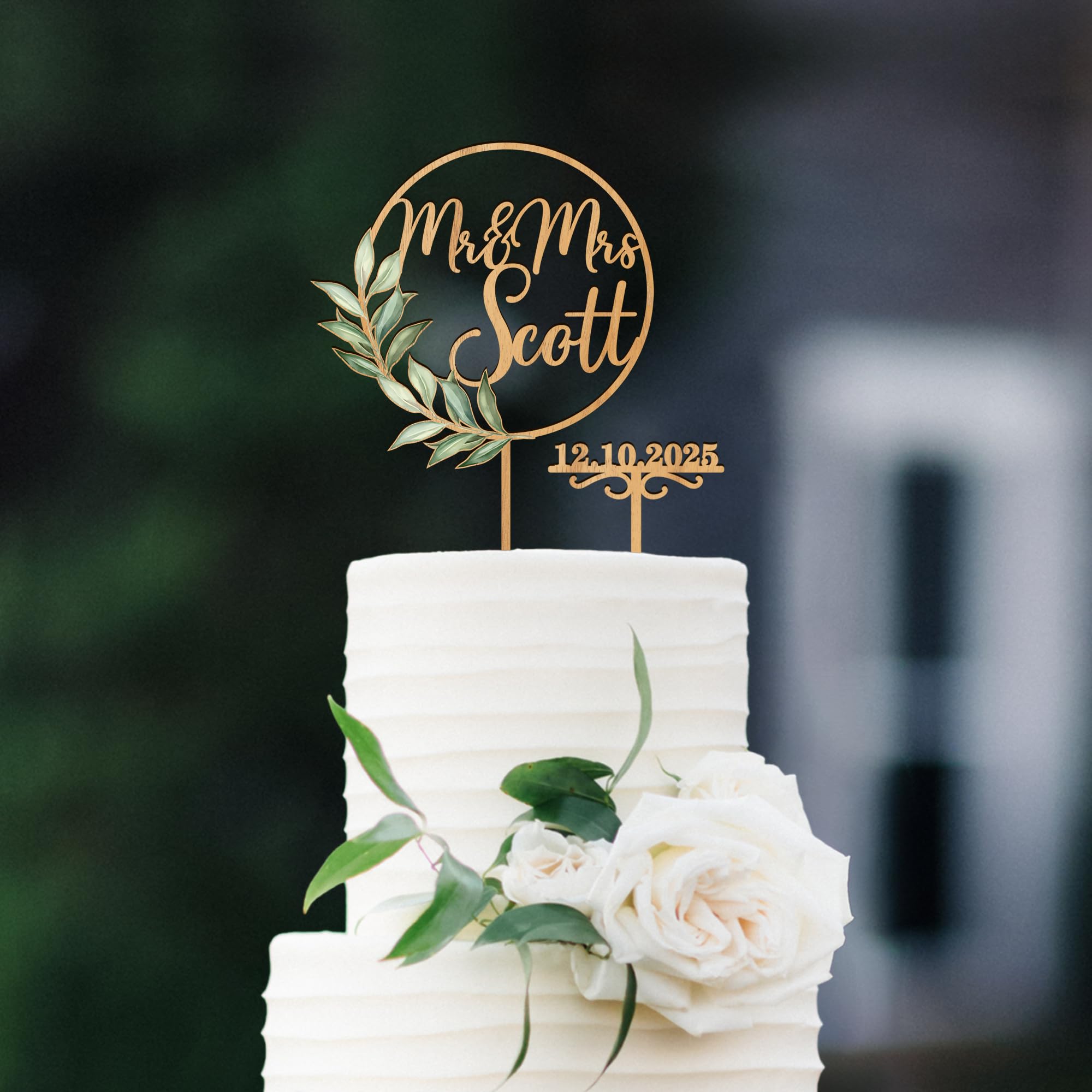 Party to Be Personalized Mr & Mrs Wedding Cake Topper with Green leaves Custom Bride Groom Last Name Wooden Wedding Cake Topper Anniversary Cake Decoration