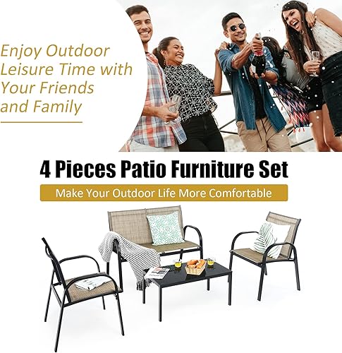 Miniatura 9 de Tangkula Juego de muebles de patio de 4 piezas, marco de metal resistente, incluye mesa auxiliar con parte superior de cristal, 2 sillas con