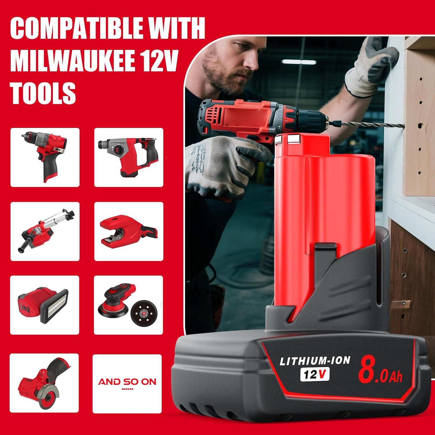 Battery Replacement for Milwaukee M12: 12v Lithium-ion 8.0Ah Batteries Compatible with 48-11-2440 48-11-2402 48-11-2411 48-11-2420 Cordless Power Tools (2-Packs) - Image 2