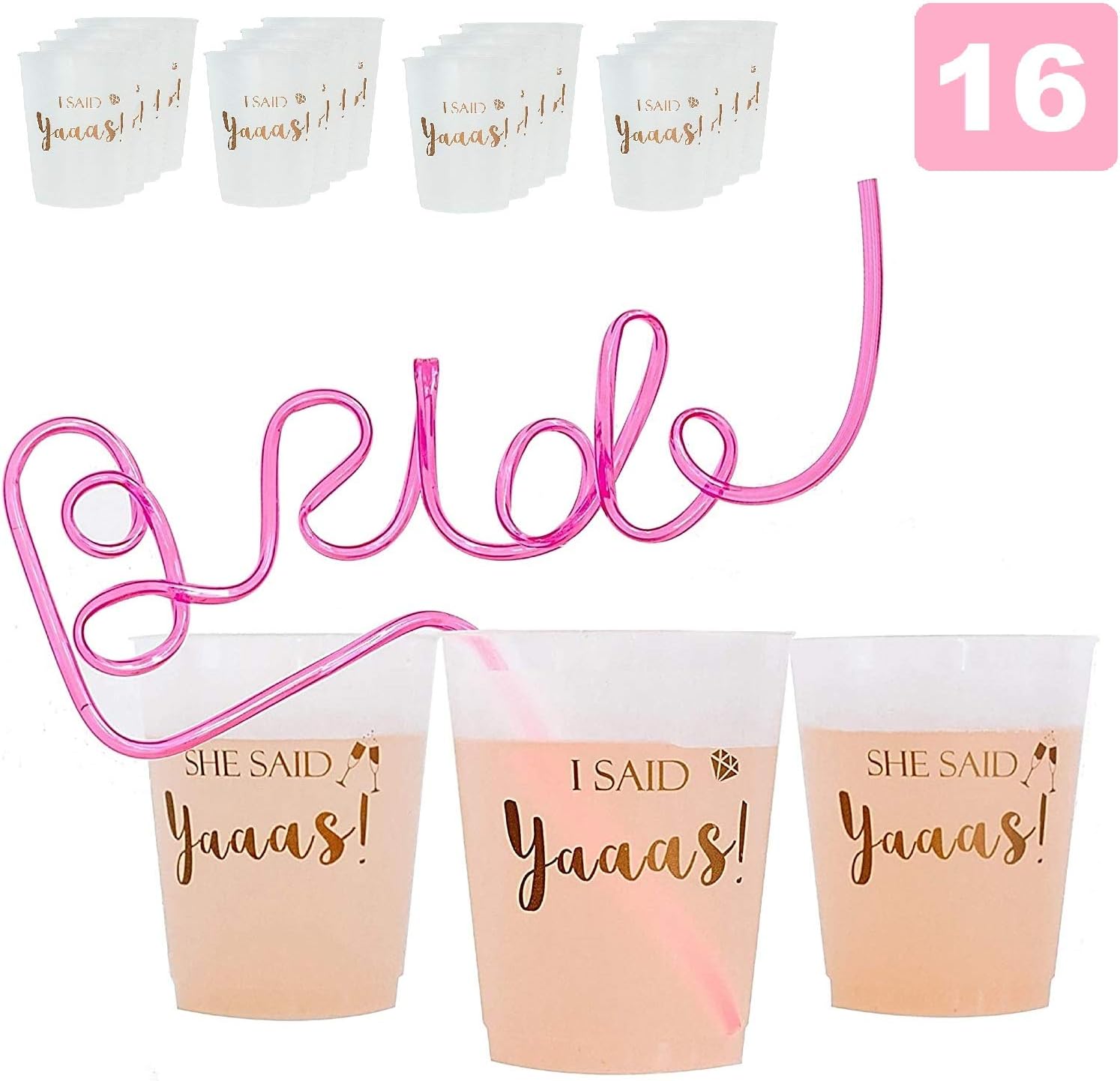 MODLUX Bachelorette Party + Bridal Shower Cups (16 Count, 16 Oz.) +Bonus Bride Straw /"She Said Yaaas" /"I Said Yaaas" | Engagement Party Decoration Bride Gift
