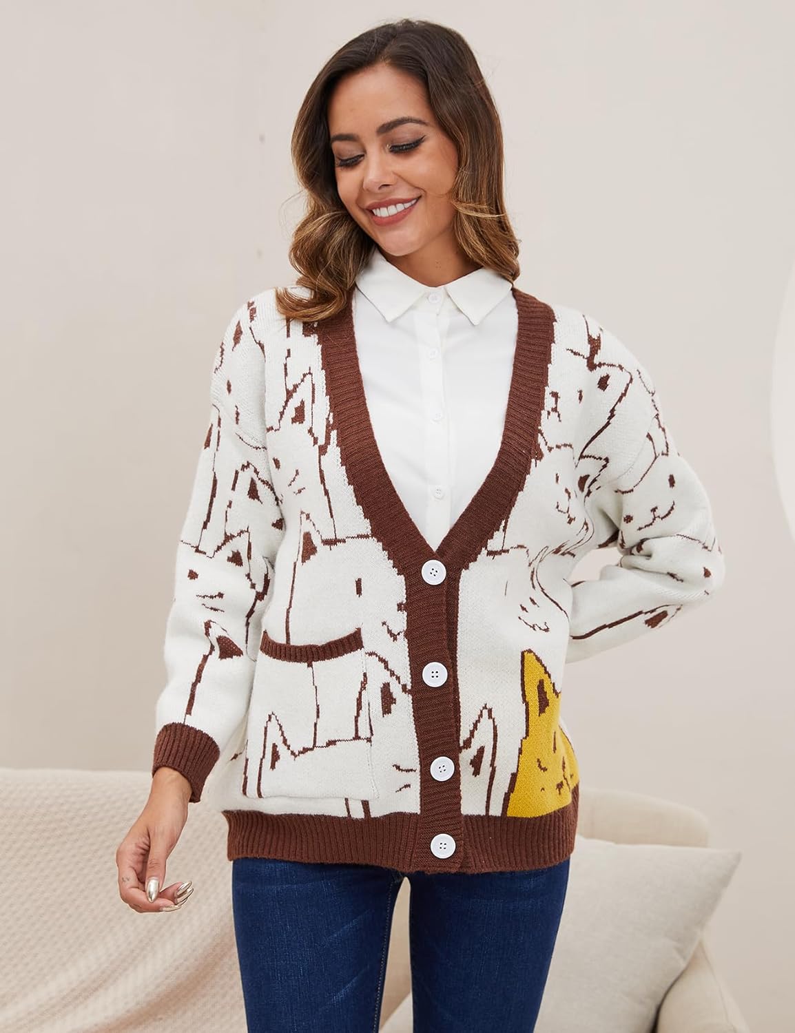Arssm Cat Sweater for Women Oversized Button Down V Neck Knit Cardigan Cute Kawaii Cartoon Print Sweater Fall Clothes - Image 5