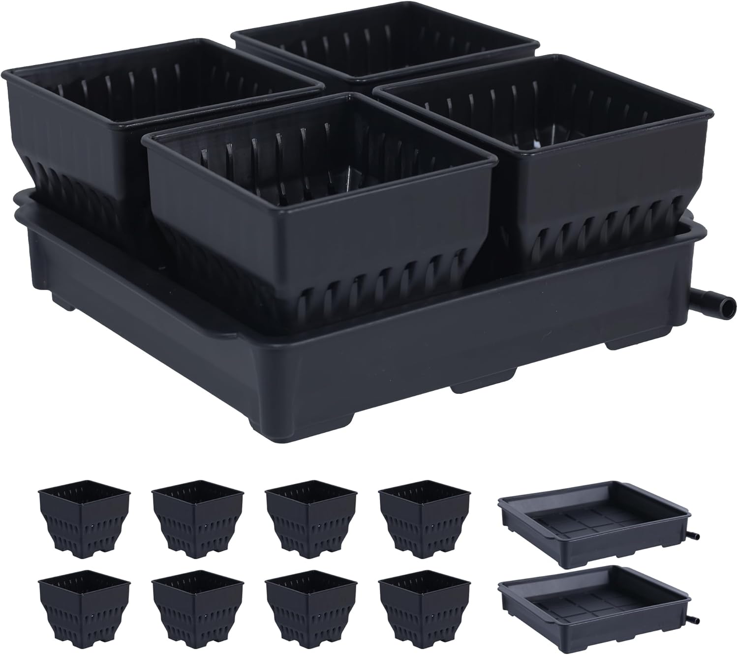 Seed Starter Pots with Tray, 8 Cell Reusable Square Nursery Pots for Seedlings with Drainage Holes, Indoor Outdoor Plastic Gardening Containers for Herbs, Flowers & Vegetables (Black)
