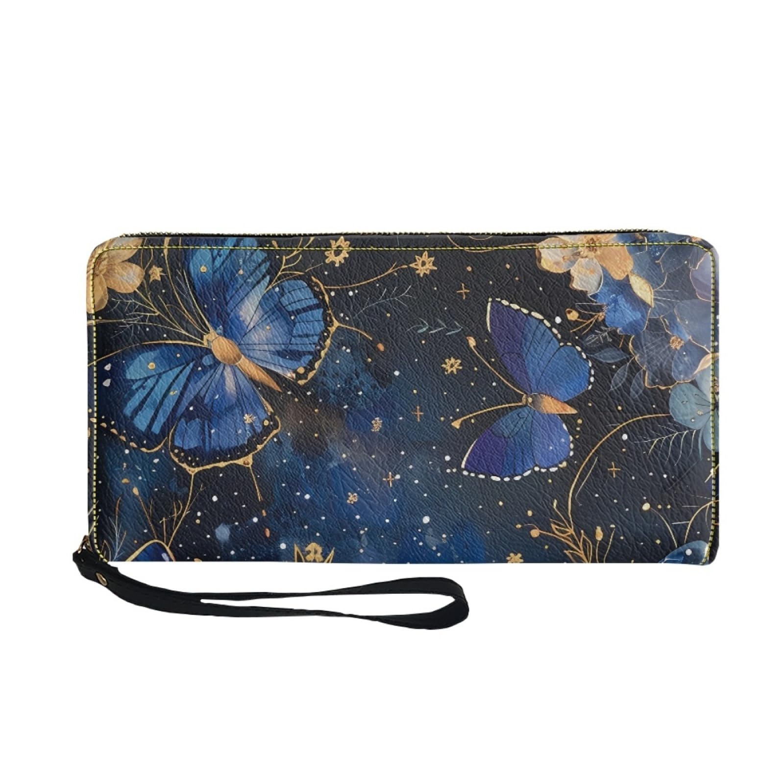 Portafoglio Donna Portamonete Porta Carte di Credito Donna Uomo Wallet | Portafogli con Zip e Cinturino da Polso Leggero Durabile Portatile,Impermeabile Cuoio,Farfalla Oro Blu 11x20cm/3 Unità