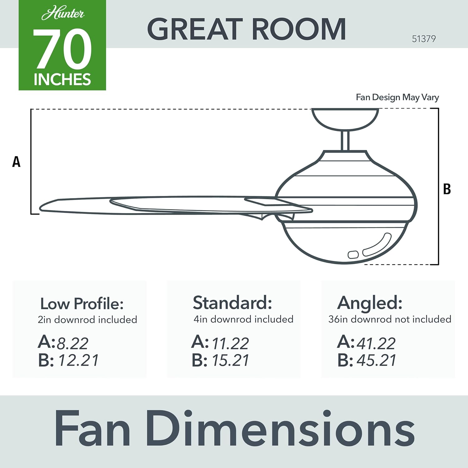 Hunter 70 inch Indoor Ceiling Fan with LED Light and Wall Control - Black Smart Ceiling Fan, Standard Mount, 7 Blades, For Bedroom or Living Room, Quiet - Phenomenon 51379, Matte Black