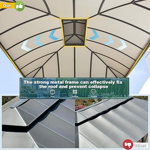 Miniatura 4 de YOLENY Gazebo de techo rígido de 12 x 14 pies, glorieta permanente de aluminio para exteriores con techo de arco doble compuesto de aluminio para
