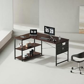 YeTom L-Shaped Desk PC Desk Right Shelf Left Shelf Width 42.1 inches 107 cm, Gaming Desk with Storage Bag, Office Desk Left and Right Interchangeable, Customizable, Dark Brown