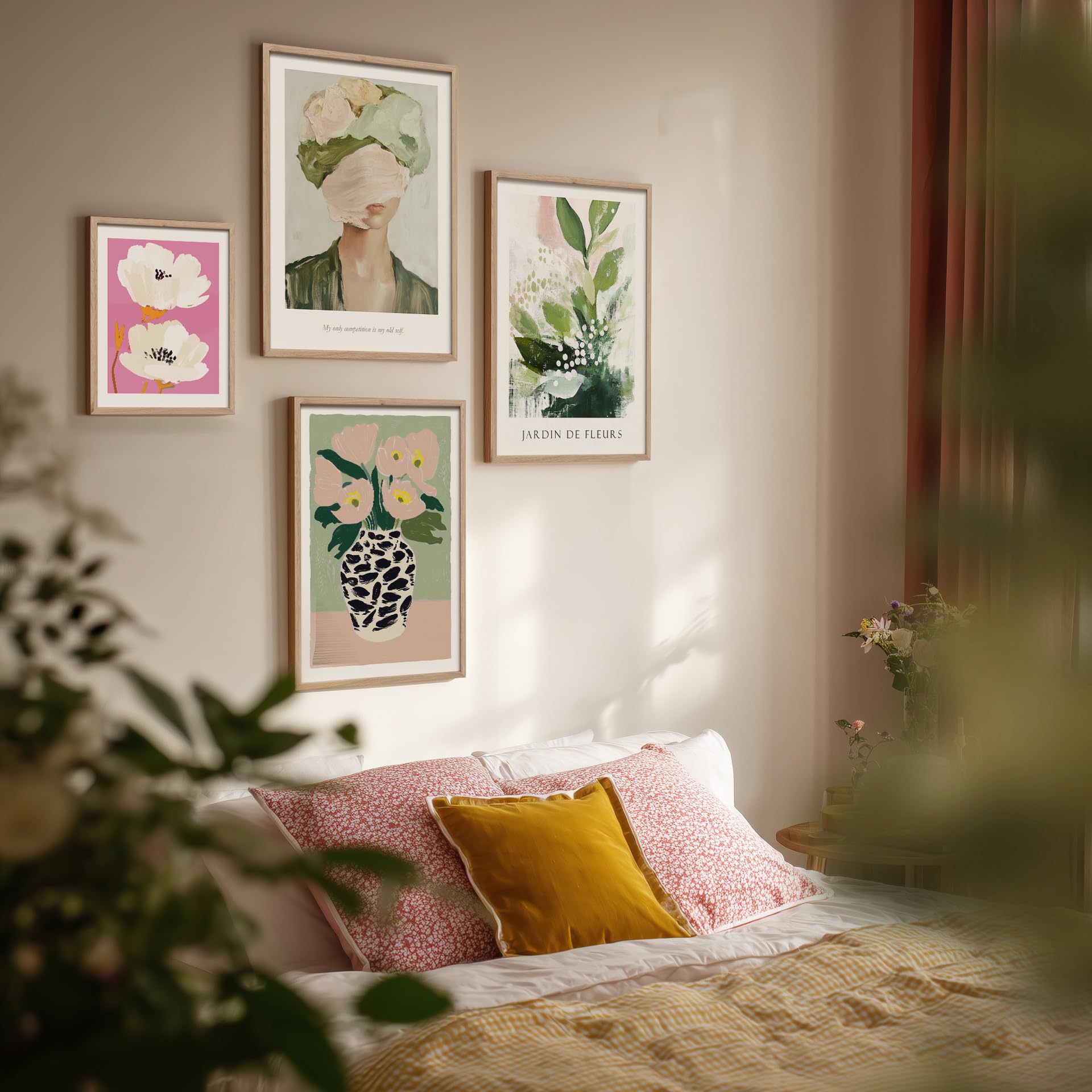 STYLER Gerahmtes Poster Fleurs 50 x 70 cm I Abstraktes florales Kunstmotiv in Grün- & Rosétönen I Wandbild Wohnzimmer Schlafzimmer Büro I Wanddeko Modern Bild mit Holzrahmen