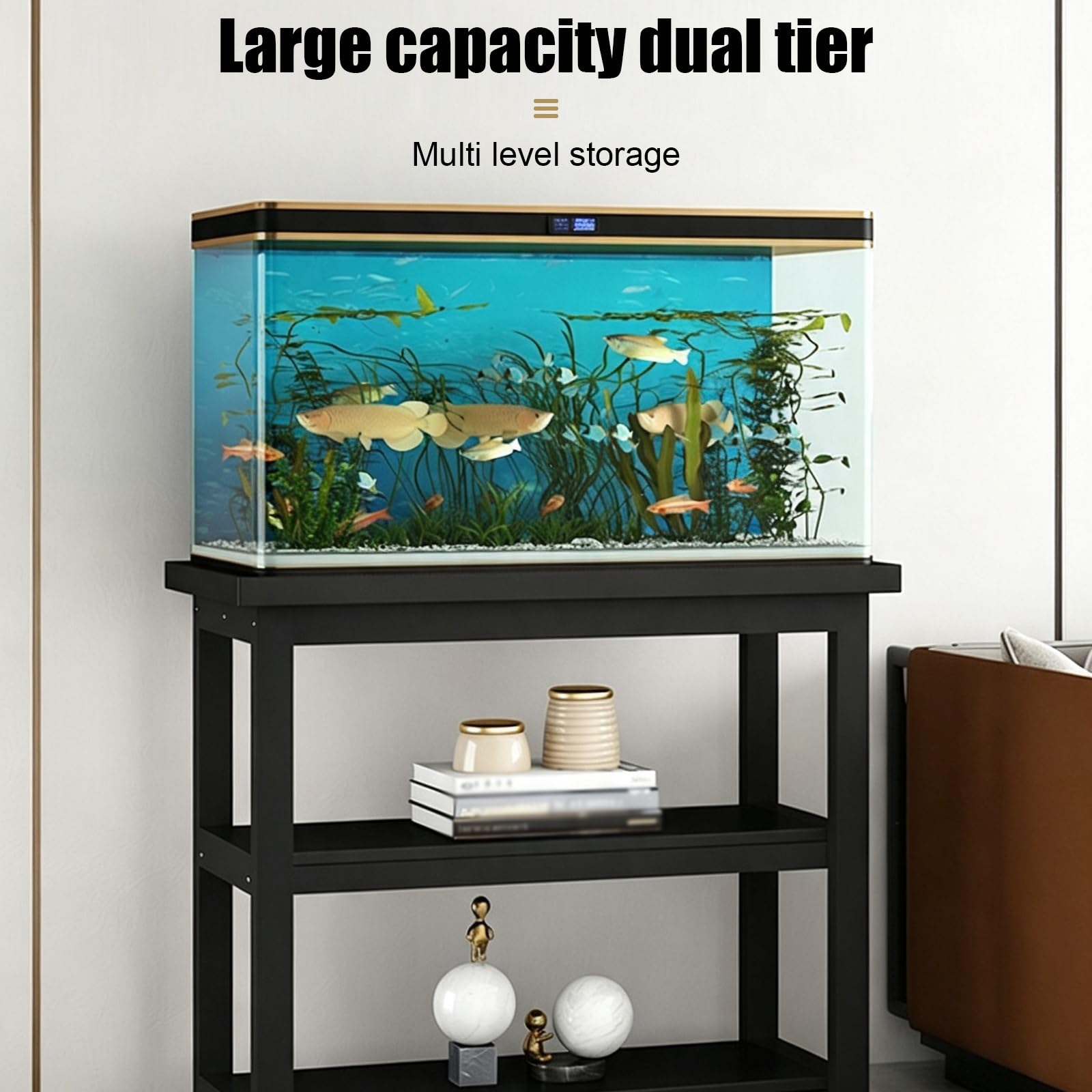 Scaffale per Acquario, Base per Acquari, Supporto per Terrario | Legno Massello, 3 Ripiani, Montaggio Pratico, Montaggio Semplice, Portata di 100 kg(Black C,90x40x70cm/35x12x28in)
