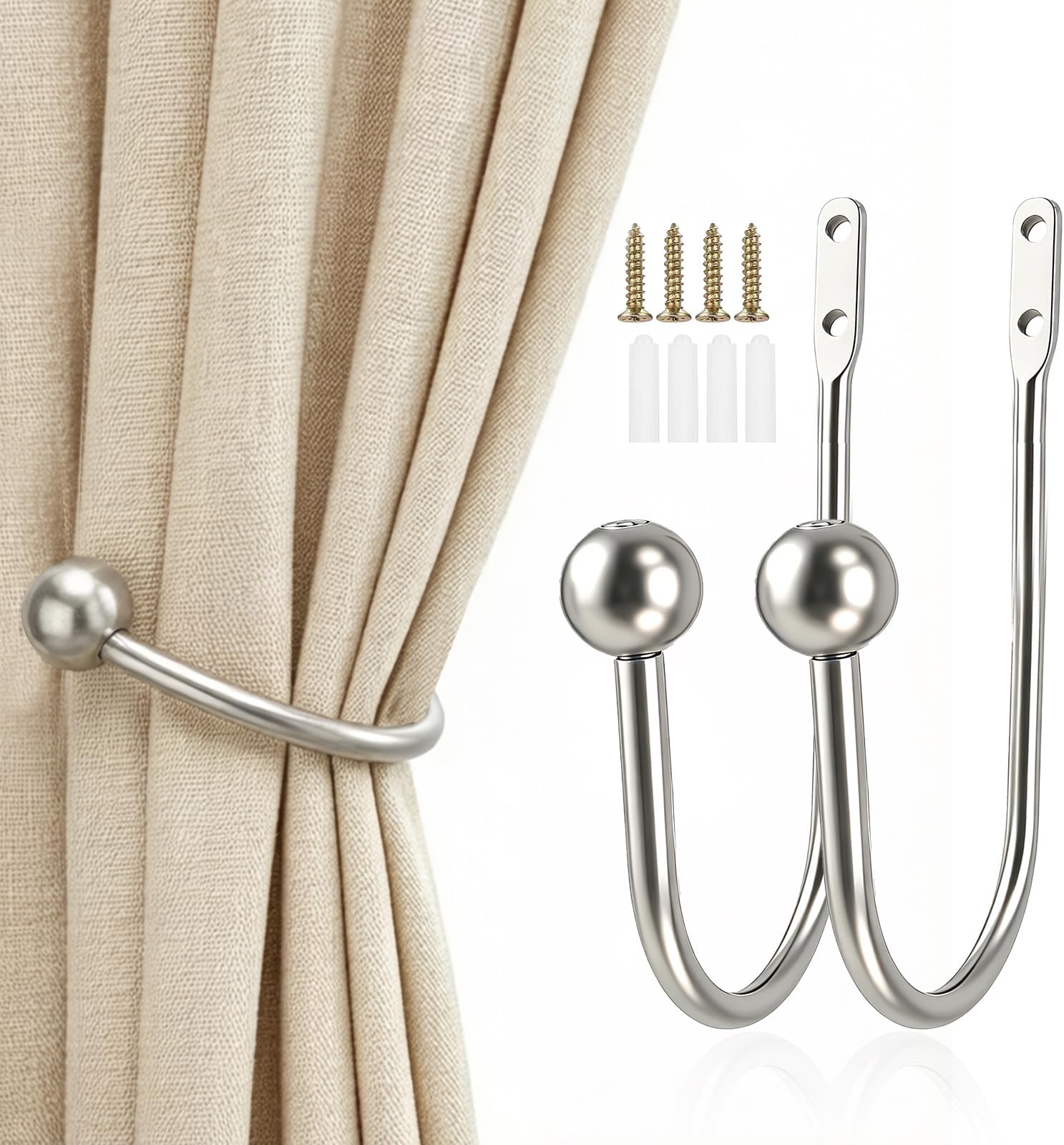 Metal Curtain Holdbacks, 2 Pcs Curtain Drapery Holdbacks, Curtain Tieback Hooks, Wall Mounted Window Curtain Holder Hooks, Drapery Holdbacks for Fixed Curtain or Hanging Items (Silver)