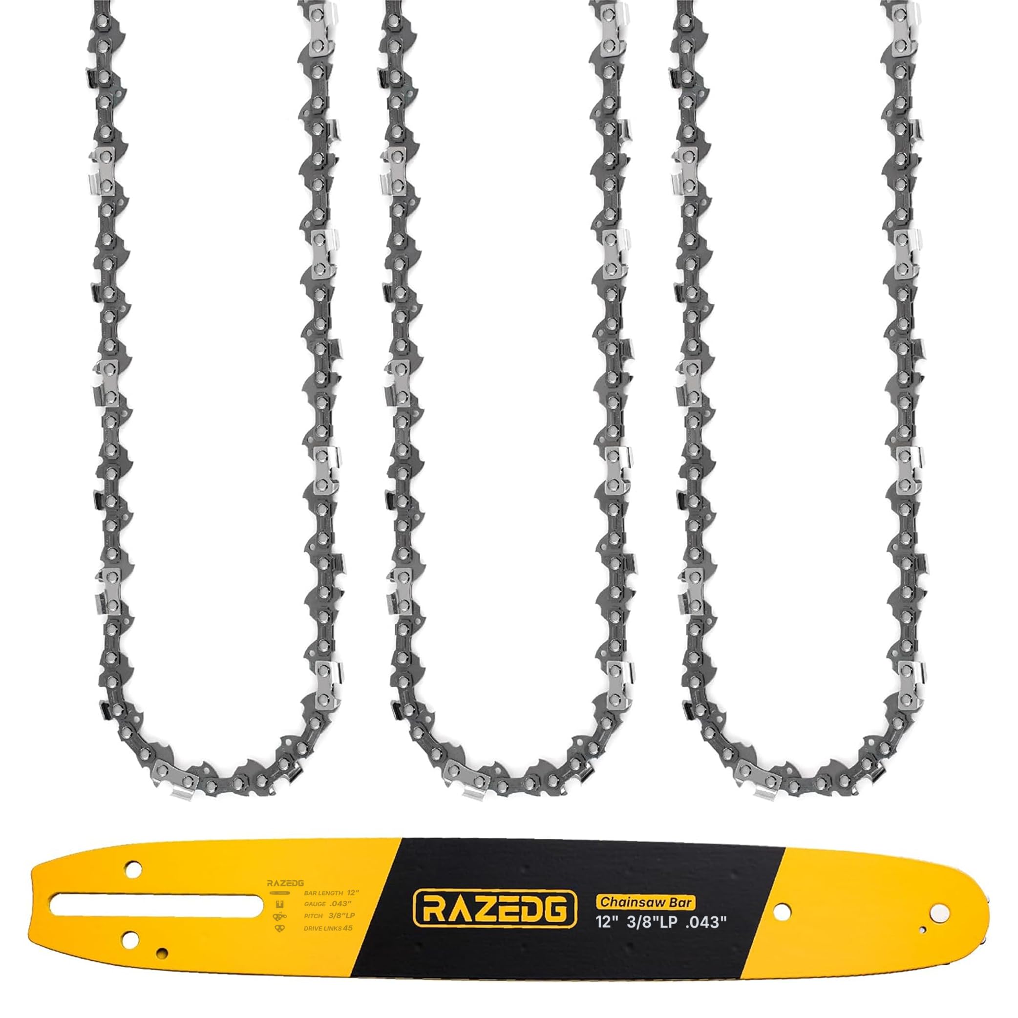 Combo de barra de motosierra y cadena (1 barra + 3 cadenas) (12 pulgadas, 043 pulgadas, 3/8 pulgadas, LP 45DL, 3 cadenas + 1 barra)