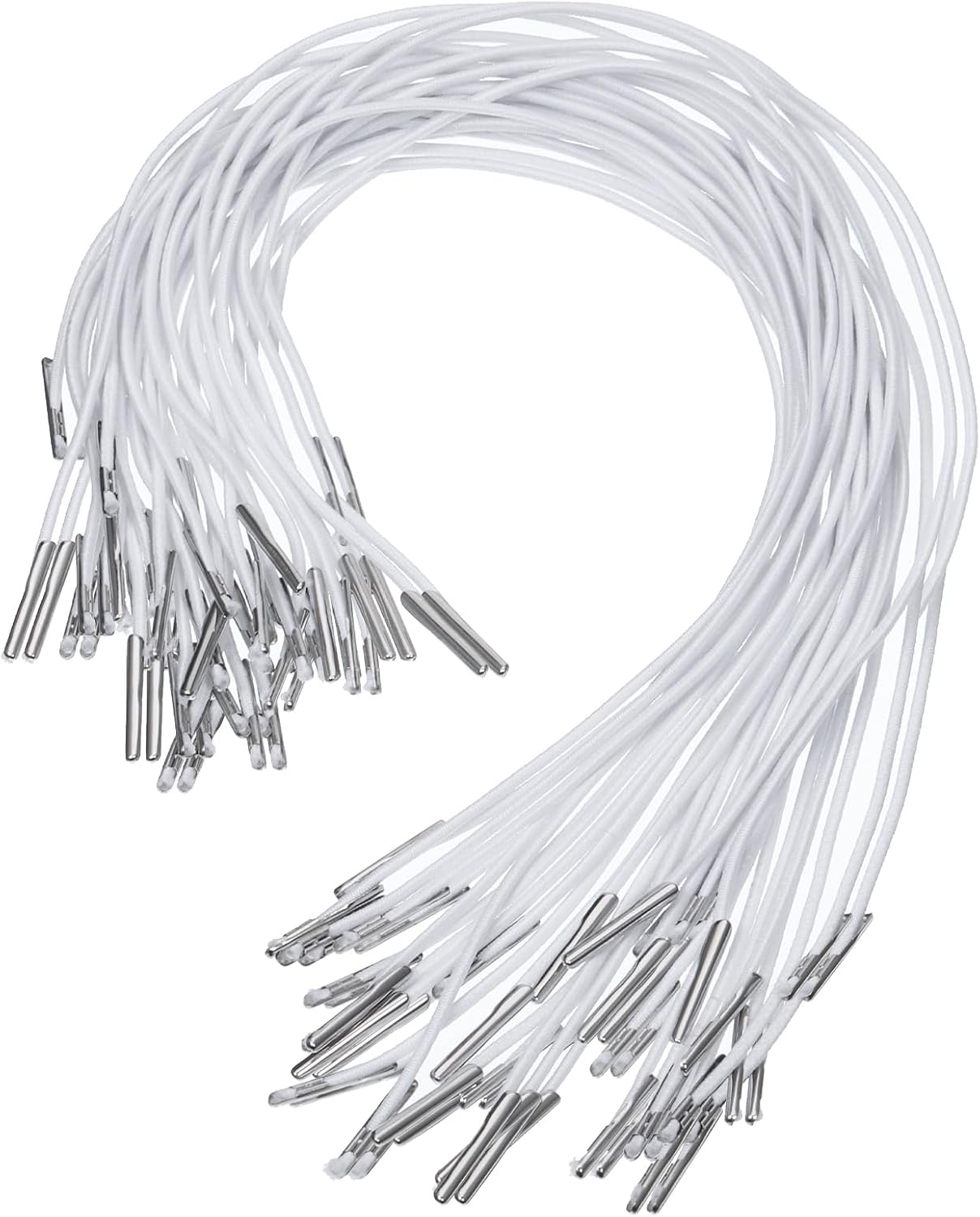 30 PCS Elastic Cords with Metal Ends, Party Hat Bands 11.8 Inch White Nylon Stretch Band, Round Rope Thread String Extender Strap for Mask, DIY Craft, Party Hat String, Book Binding