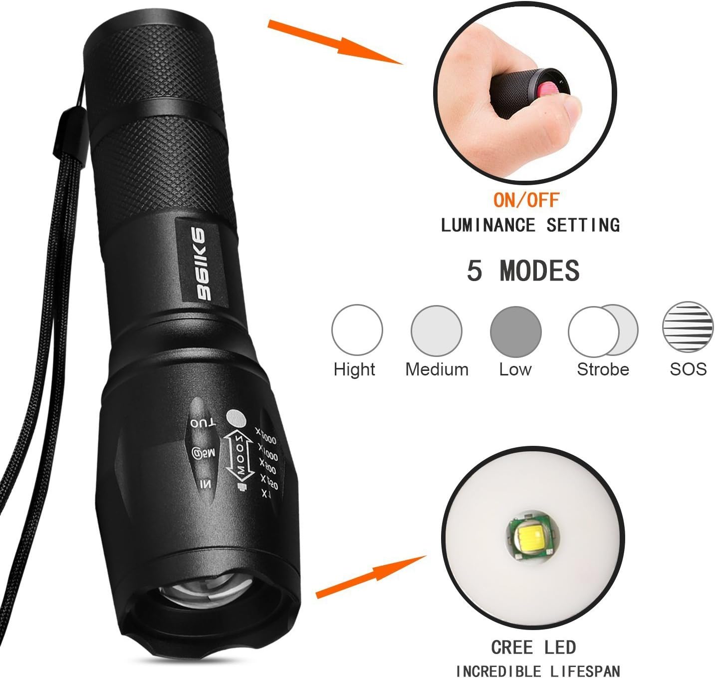 Beike 2 Pack 1000 lumens Tactical Flashlights, Super Bright Handheld Outdoor CREE LED Torch Flashlight with Adjustable Focus 5 Light Modes for Camping Hiking Emergency(AAA Batteries Included)