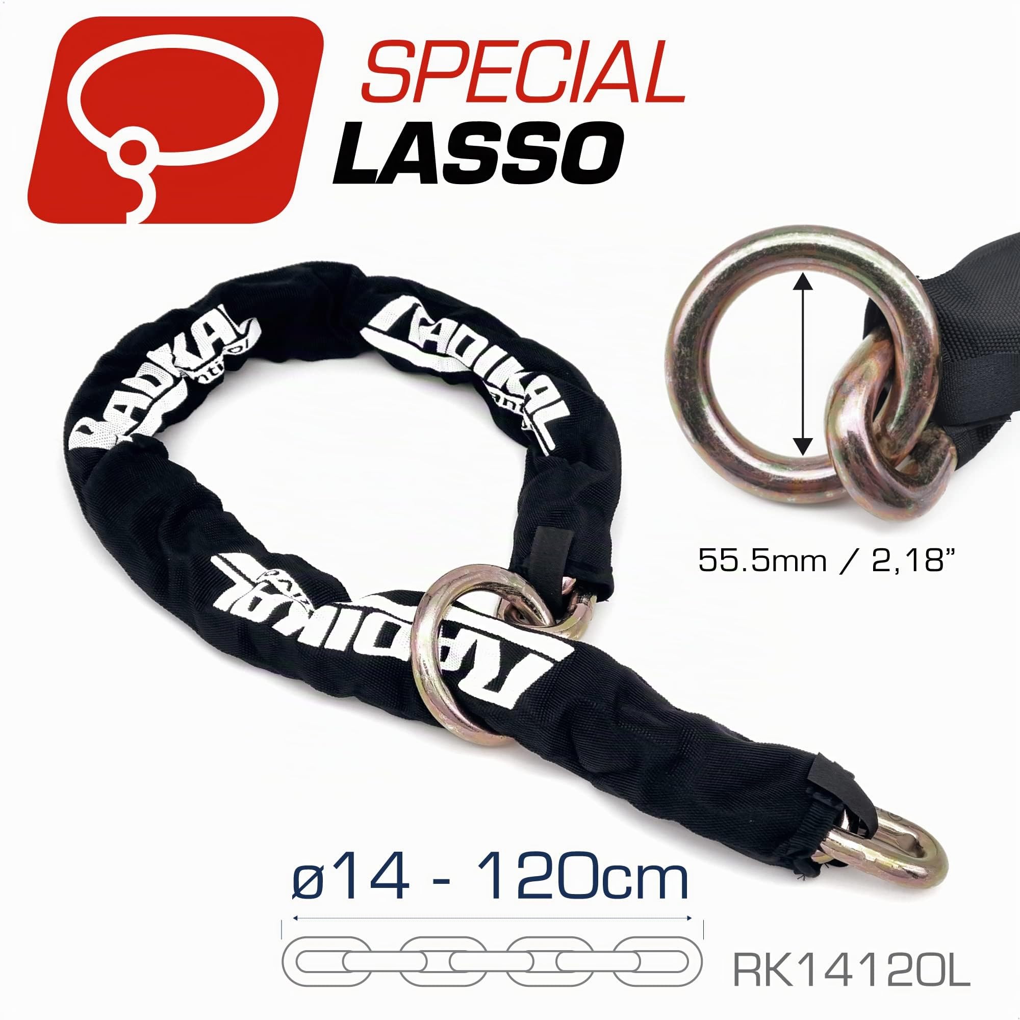 RADIKAL RK14120L Chaine Antivol Haute Sécurité, Maillons Acier Cémenté ø14mm, Anneau Boucle 120cm, Housse Textile, Cadenas Chaines Ancre Garage, Conteneurs, Portails, Moto, Scooter, Velo Electrique