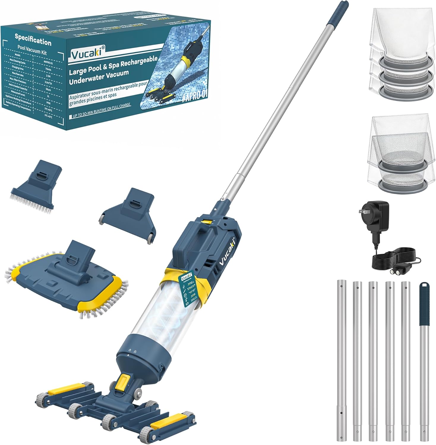 Vucaki 5-in-1 Handheld Pool Vacuum with 10.8FT Telescopic Pole – 14" Wheel Vacuum Head, 18.9GPM Suction, 70Min Runtime, Heavy Duty Pool Vacuum Cleaner for Inground & Above Ground Pools and Spas