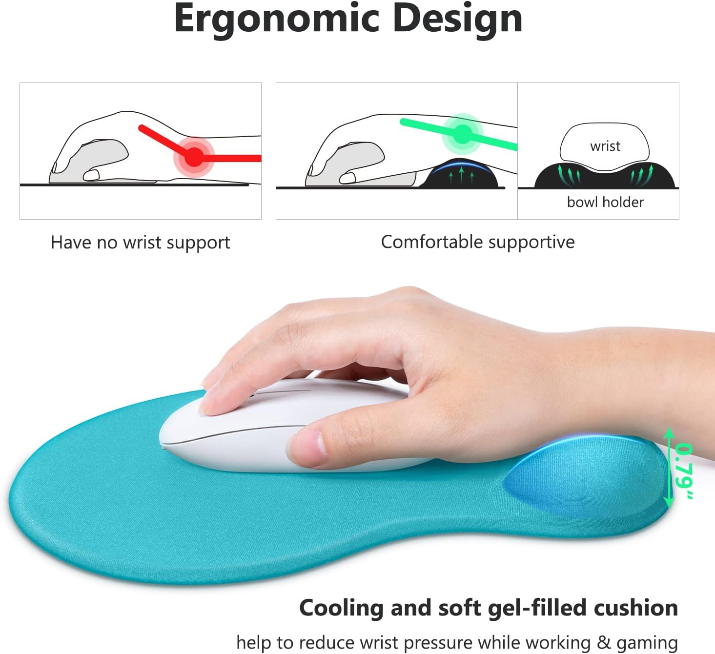 Soqool Mouse Pad, Ergonomic Mouse Pad with Comfortable Gel Wrist Rest Support and Lycra Cloth, Non-Slip PU Base for Easy Typing Pain Relief, Durable and Washable, Blue