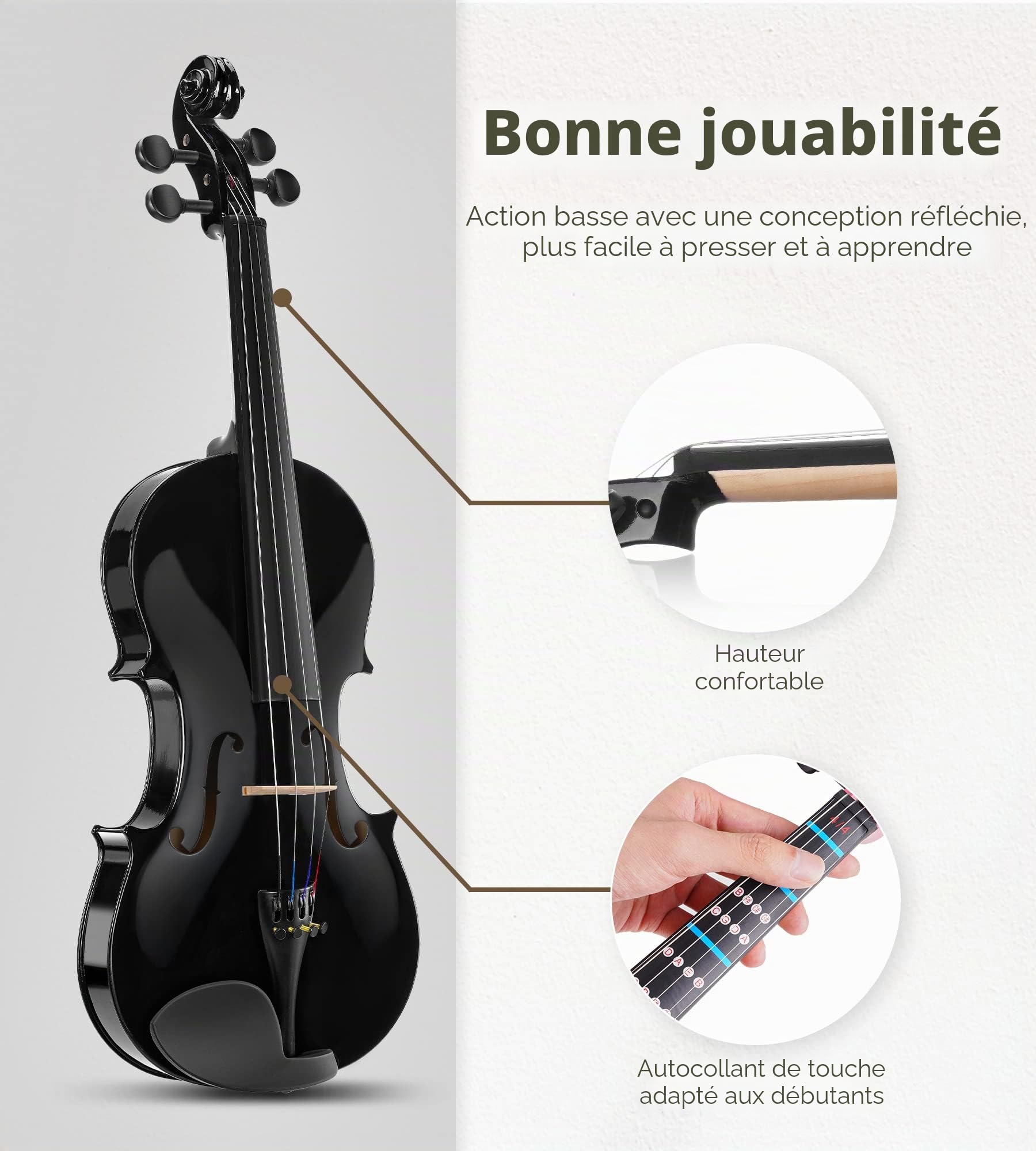 Vangoa Violon 4/4 Adulte Pleine Grandeur Acoustique Violon Débutant Set avec Étui, Colophane, Épaulière, Accordeur, Cordes, Archet de Violon, Autocollant de Touche, Noir