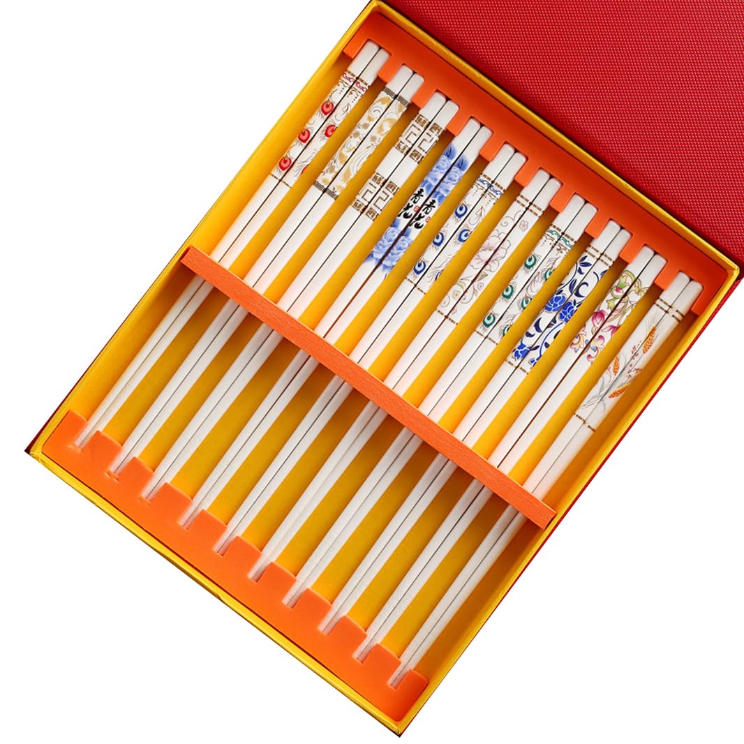 Coffret Cadeau de 10 Paires de Baguettes Chinoises en Porcelaine, Motif Paon, réutilisables, lavables au Lave-Vaisselle, avec étui, Baguettes en céramique osseu(S)