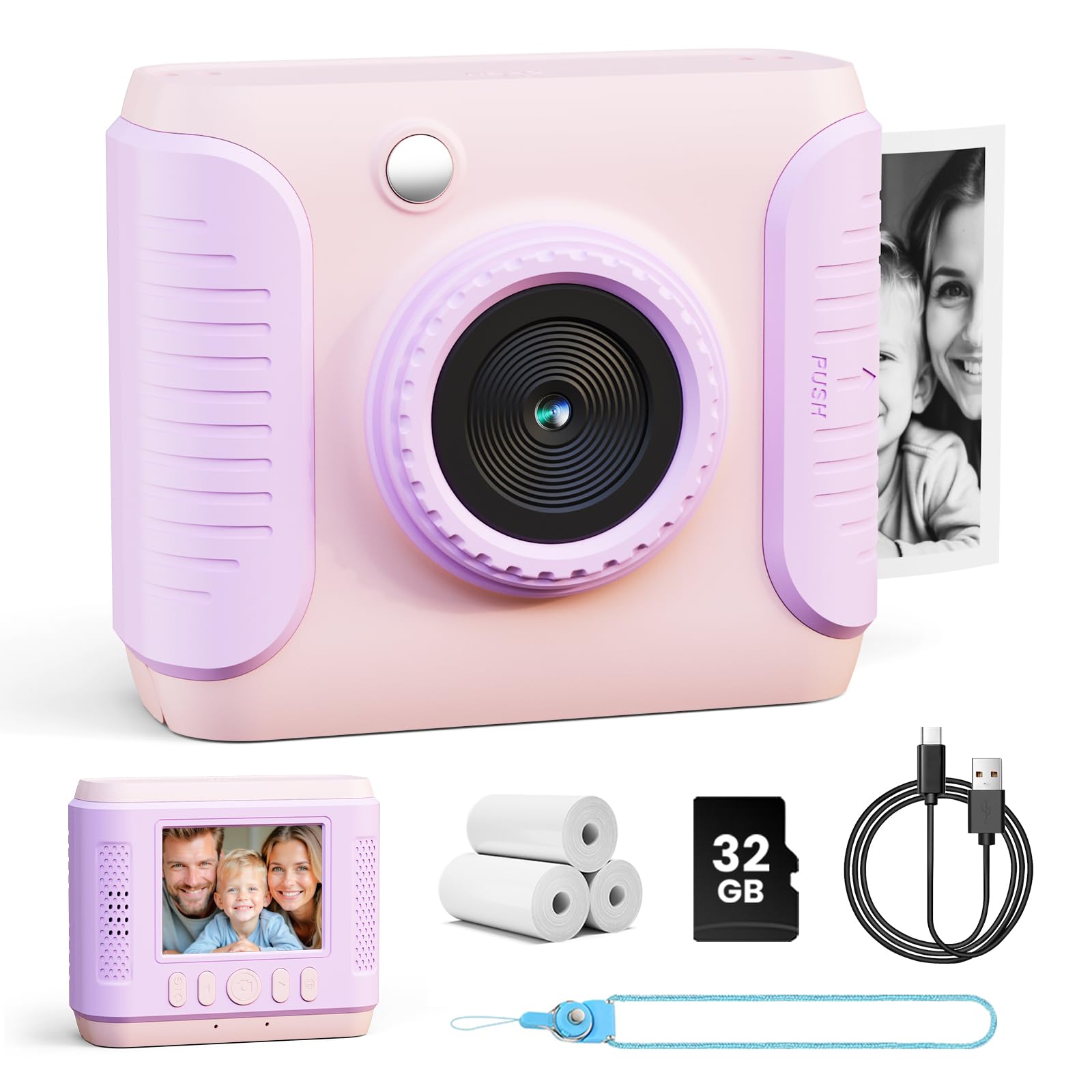 CalineGam Macchina Fotografica Bambini Istantanea, HD 1080P Fotocamera Istantanea per Bambini con Scheda 32G e Carta Fotografica, Regalo per Ragazze Ragazzi da 3-12 Anni (Rosa)
