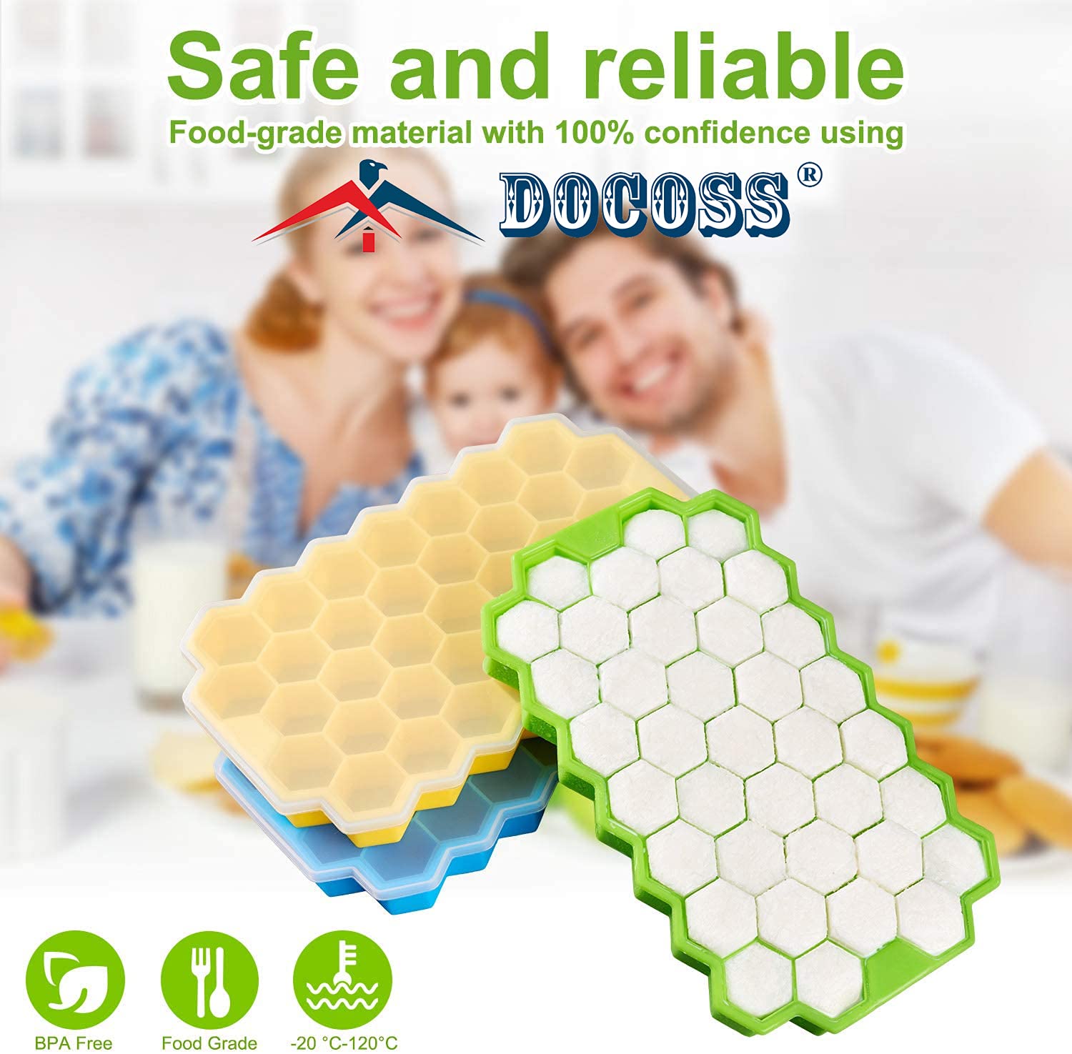 DOCOSS Paquete de 3 moldes de silicona para cubitos de hielo de alta calidad, bandeja de hielo de silicona de 37 cavidades para congelador, bandejas de cubitos de hielo con tapa (multicolor)