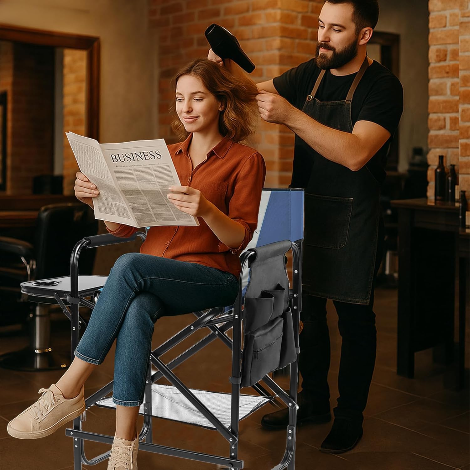 41" Tall Directors Chair,Camping Chairs for Adults,Portable Bar Height Folding Camping Chairs,with Cup Holder, Side Table, Storage Pocket, Footrest,for Fishing Sports Beach Picnic (Gray & Navy)