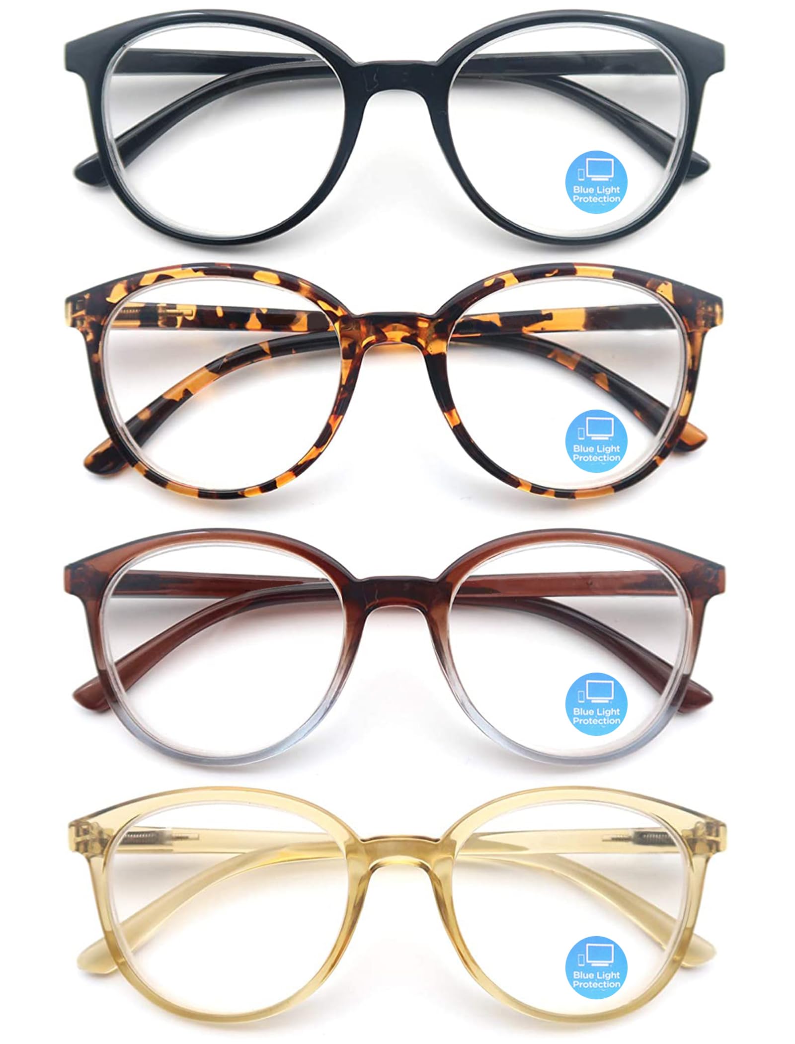 HAPJOYS Round Reading Glasses Womens Blue Light Blocking Circle Lightweight Readers Ladies Circular Cheaters Glasses 4 Pack