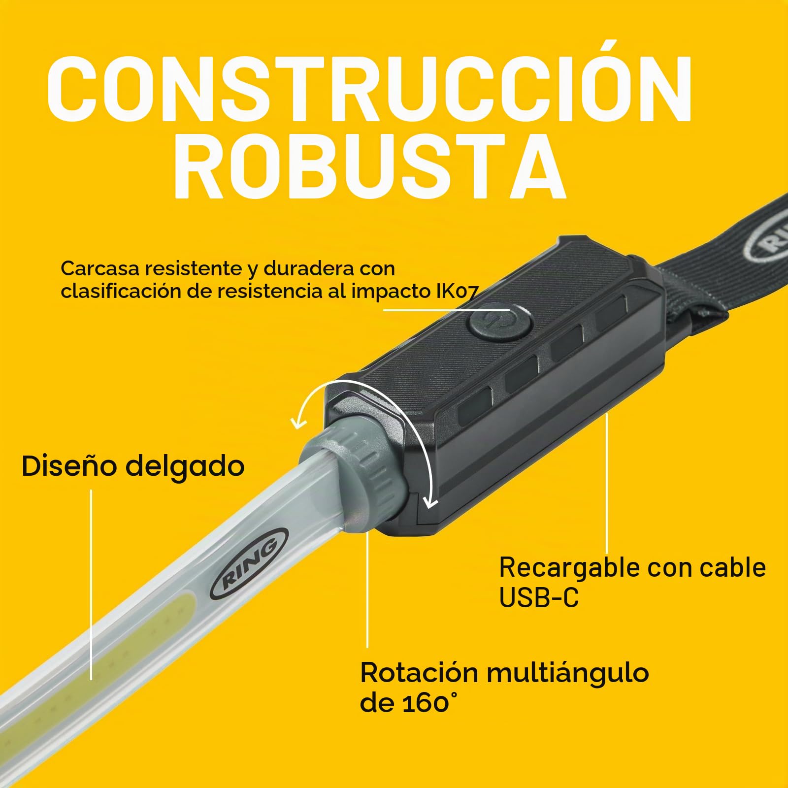Ring Automotive RUBL1500 - Luz de trabajo recargable de 1000 lúmenes flexible debajo del capó con soporte magnético, carga USB-C, 3 modos de luz, modo de flash de emergencia, color negro