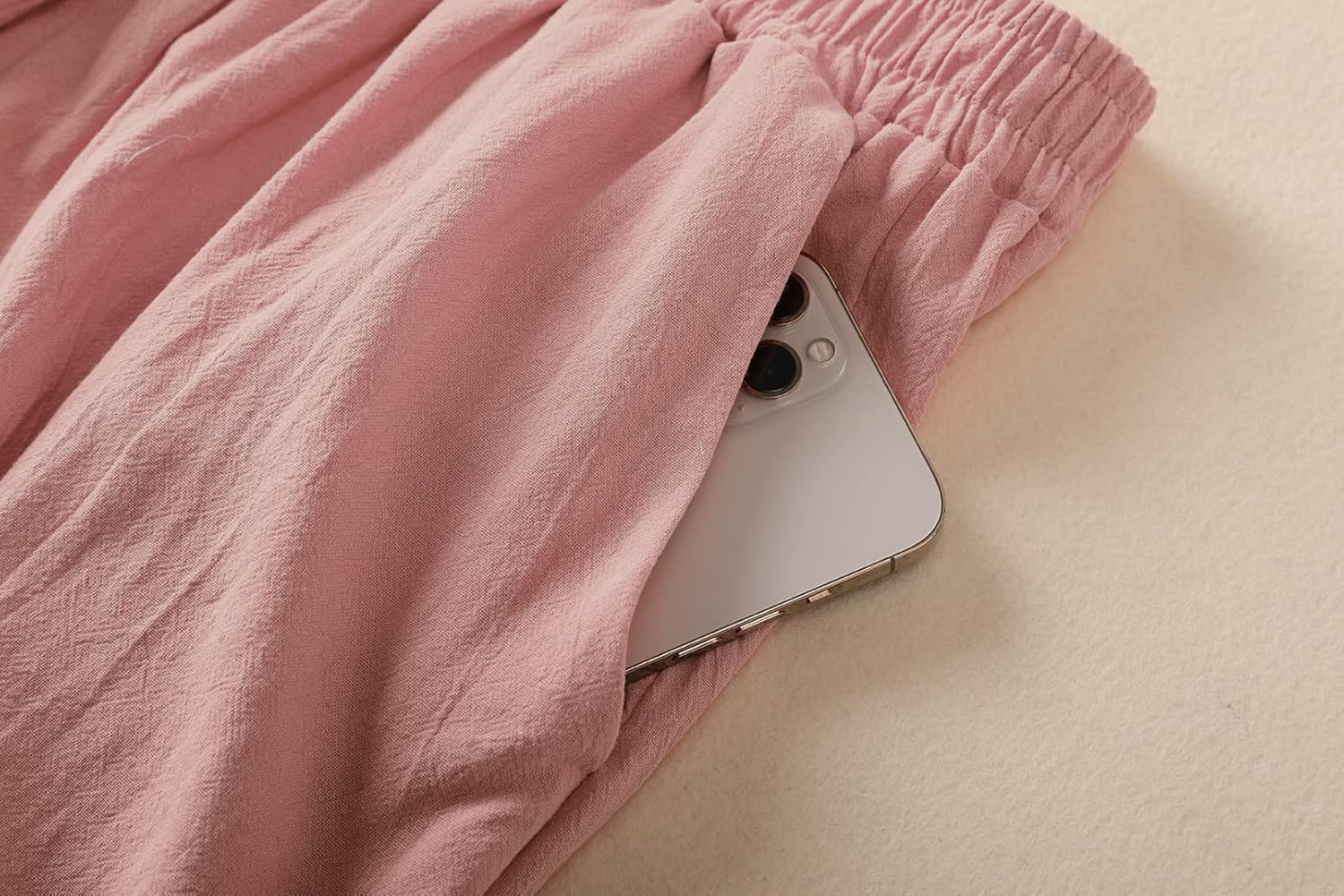 Womens Linen Pants High Elastic Waist Wide Leg Flowy Trousers Plus Size with Pockets Pink 3XL - Image 4