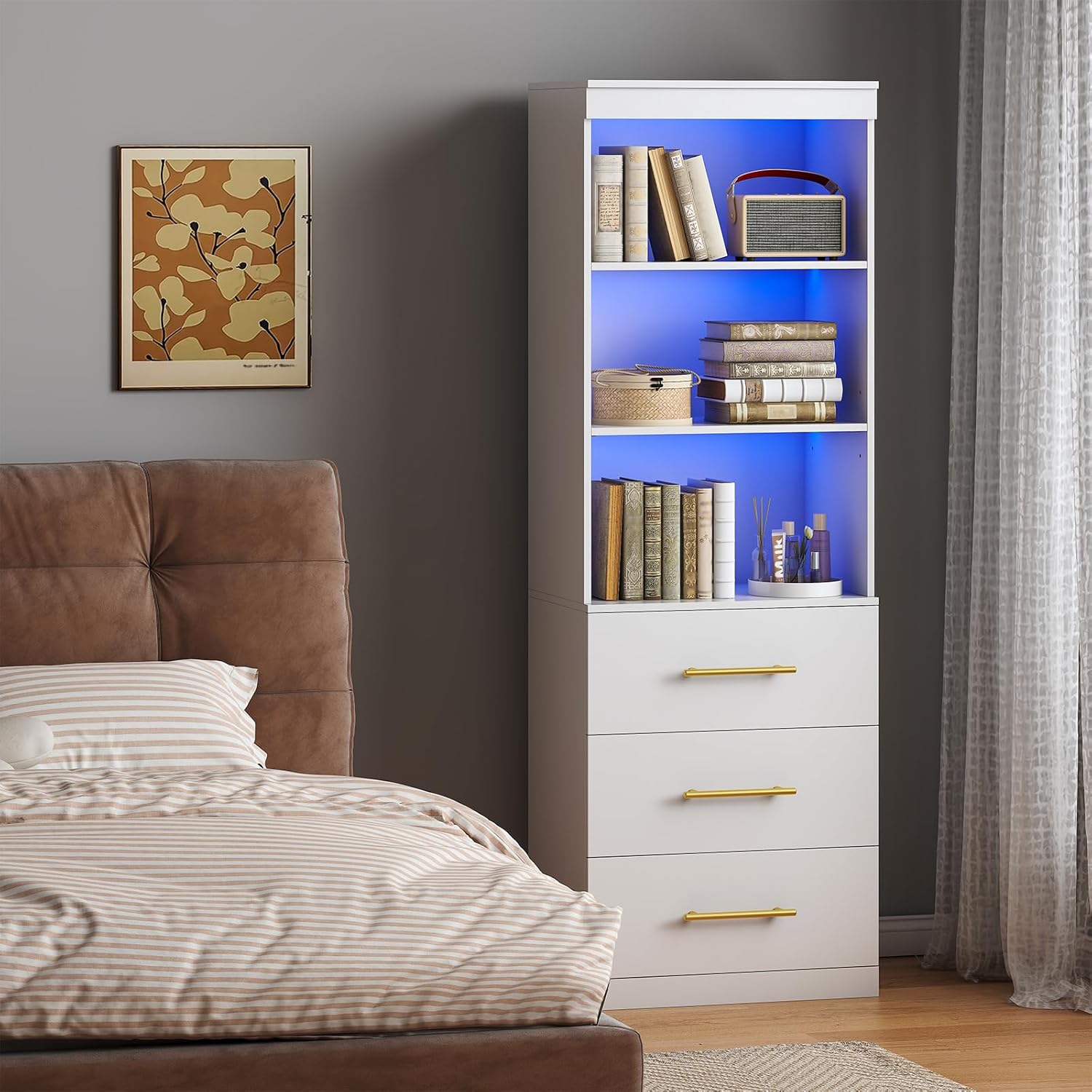 Winkalon 71“H White Bookshelf with LED Light, Bookcase and Bookshelf with Drawers, Tall Bookcase Tall Storage Cabinet 3-Tier Open Shelves for Home Office Living Room Hallway, 15.8"D x 23.6"W x 70.9"H
