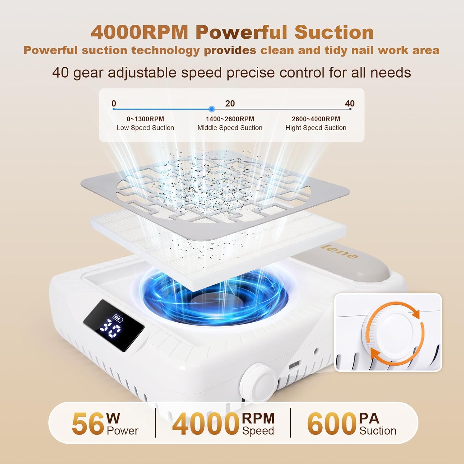 Rechargeable Nail Dust Collector,Portable Dust Collector Nail Tech,40 Speed Adjustable Levels,4000RPM Powerful Suction Nail Vacuum Fan for Acrylic Nail Polishing at Salon & Home