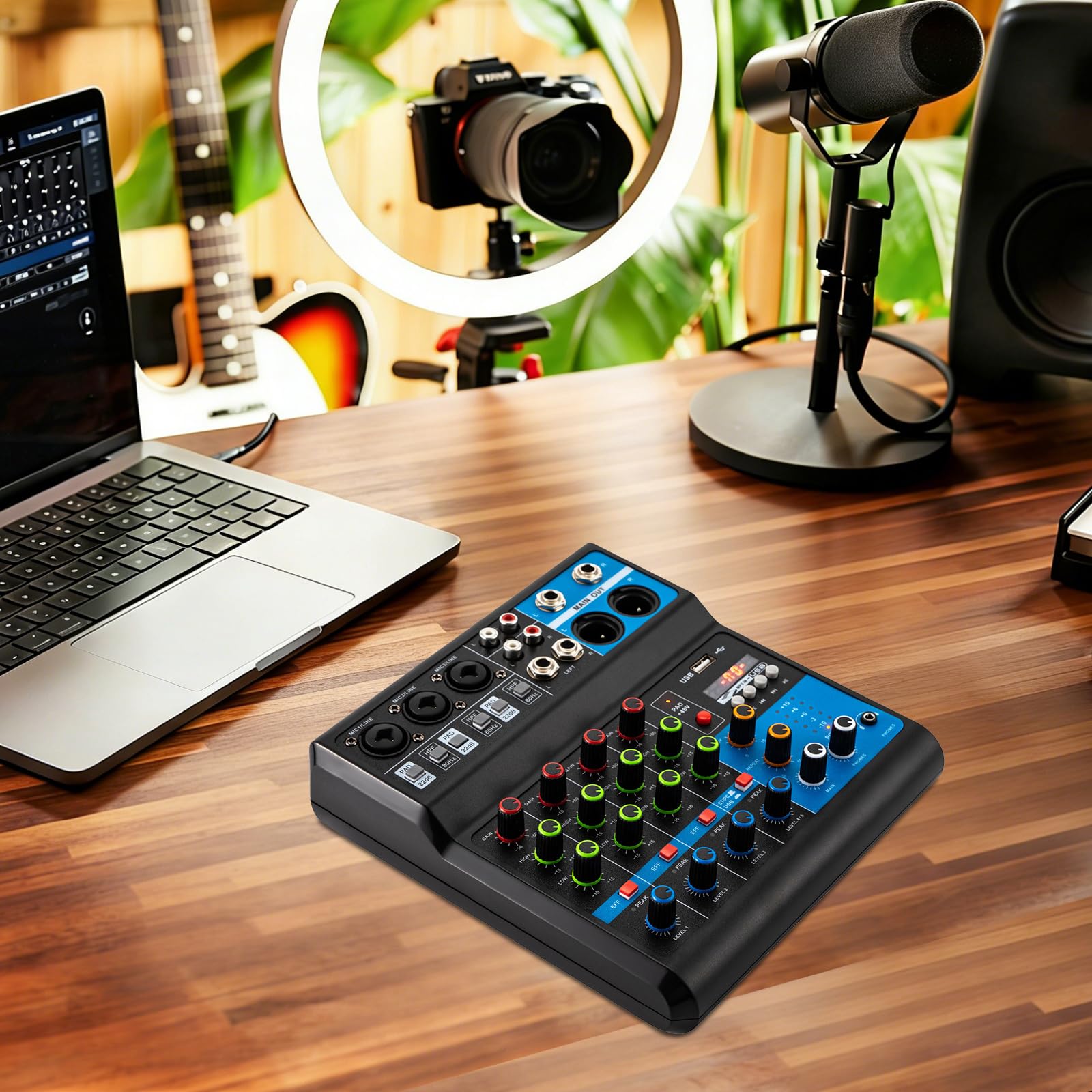 Mezclador Audio,Consola de mezcla de 5 canales,Mezclador bluetooth,Ranura USB,48V Phantom Power Control de sonido Multi Entradas,Para Podcasting,Live Performance Recording,DJ