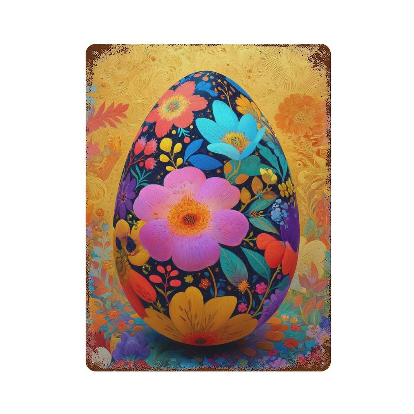Vintage Rust Metal Sign Colorful Floral Egg Artwork 15.7"x11.8", Old School Wall Decor for Office, Studio And Wall Decor