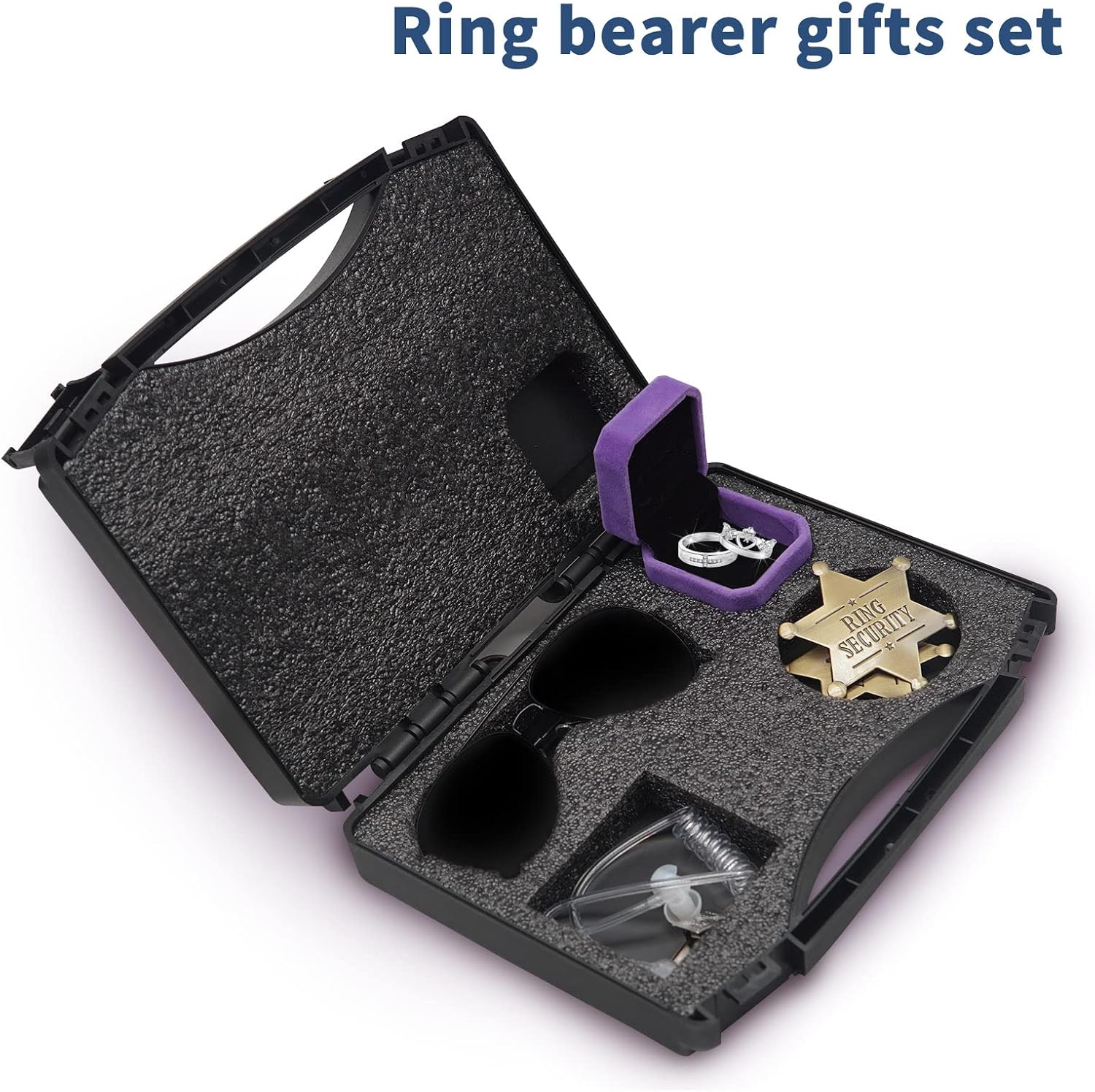 Ring Security Wedding Ring Bearer Gifts Box Set Include Ring Security Badges, Acoustic Earpiece Tube, Rings Bearer Sunglass, Wedding Rings Box with 2 Rings thumbnail