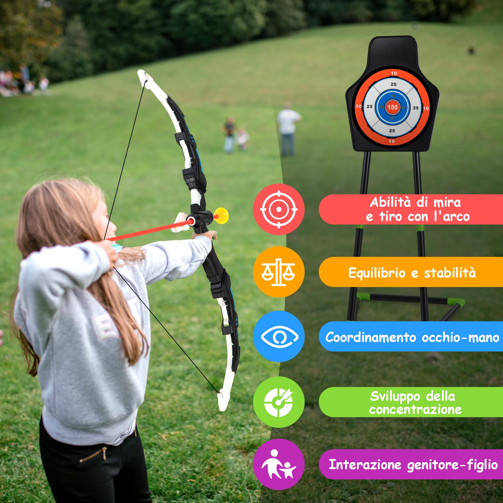COSTWAY Set di 2 Archi e Frecce LED per Bambini con 20 Frecce a Ventosa
