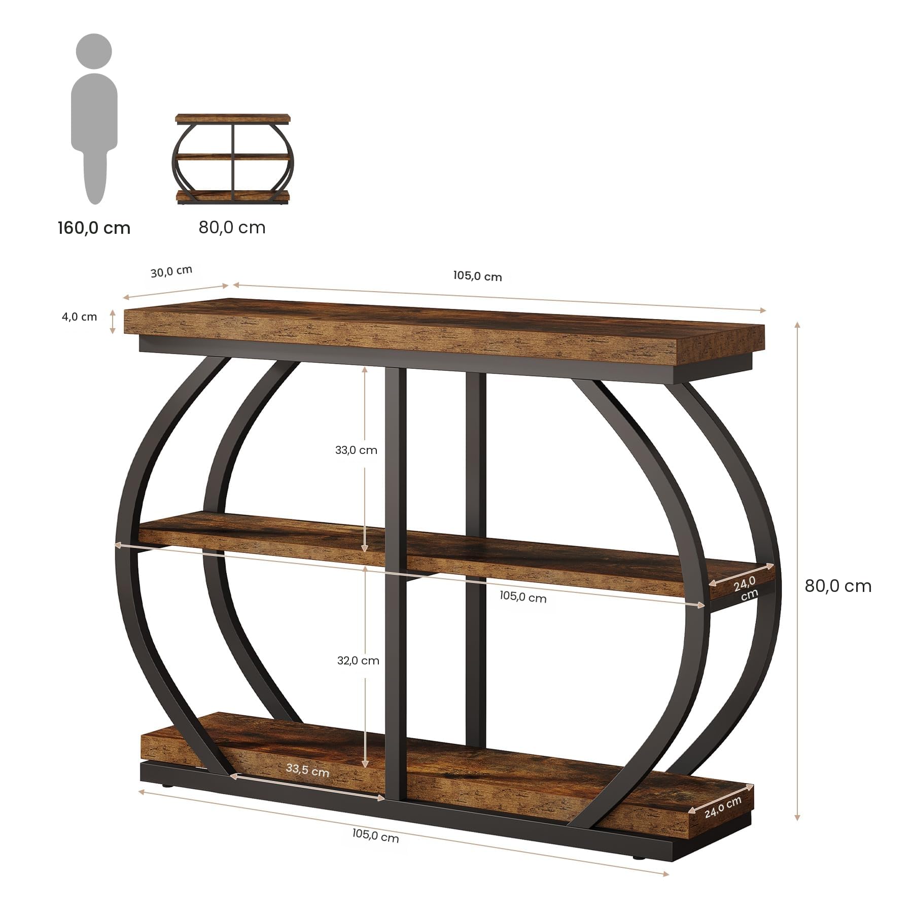 Tribesigns Table console 105 cm, table d’entrée industrielle à 3 niveaux avec structure métallique incurvée et espaces de rangement pour le salon et le couloir, brun