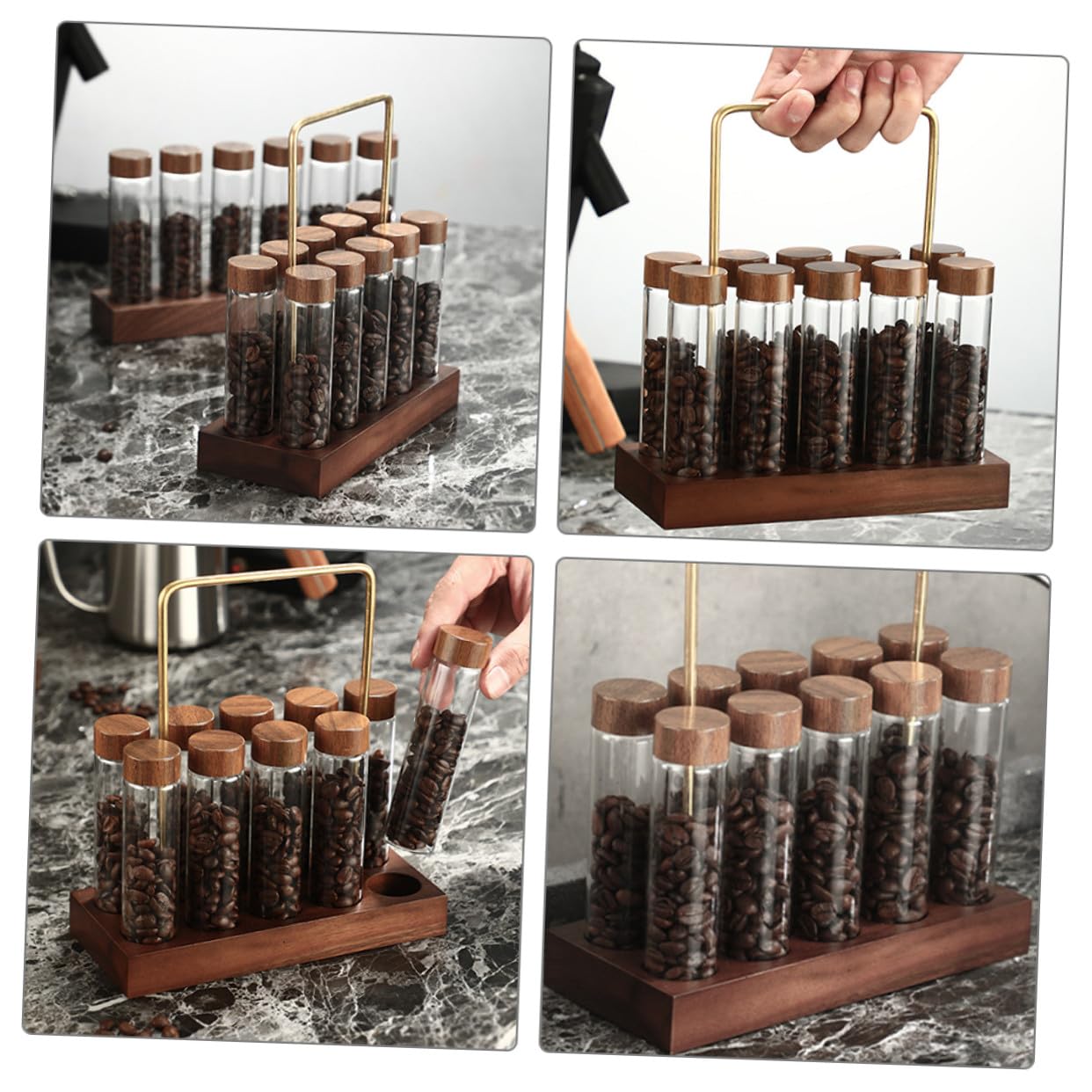 NOLITOY Kaffeebohnen Aufbewahrungsröhrchen aus Glas mit Holzständer Luftdicht Verschlossene Aromaflaschen Reagenzglas Satz für Kaffeegenuss und Vorrat