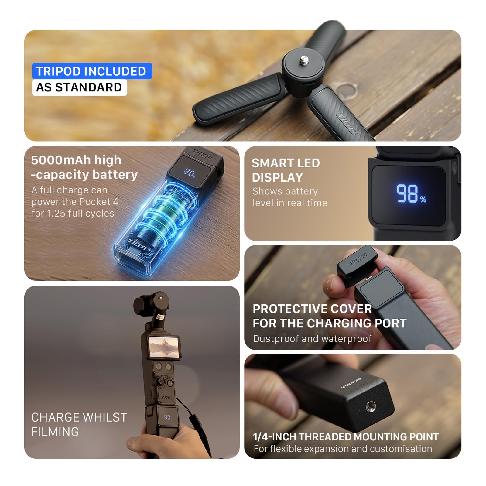 Tilta Kit Creador Ligero para dji Osmo Pocket 4, Funda Protectora Silicona Lila con Agarre Antideslizante de Textura Ondulada, Minitrípode de Mesa 1‑Touch, Vidrio Templado AR para Pantalla, TA-T96-A