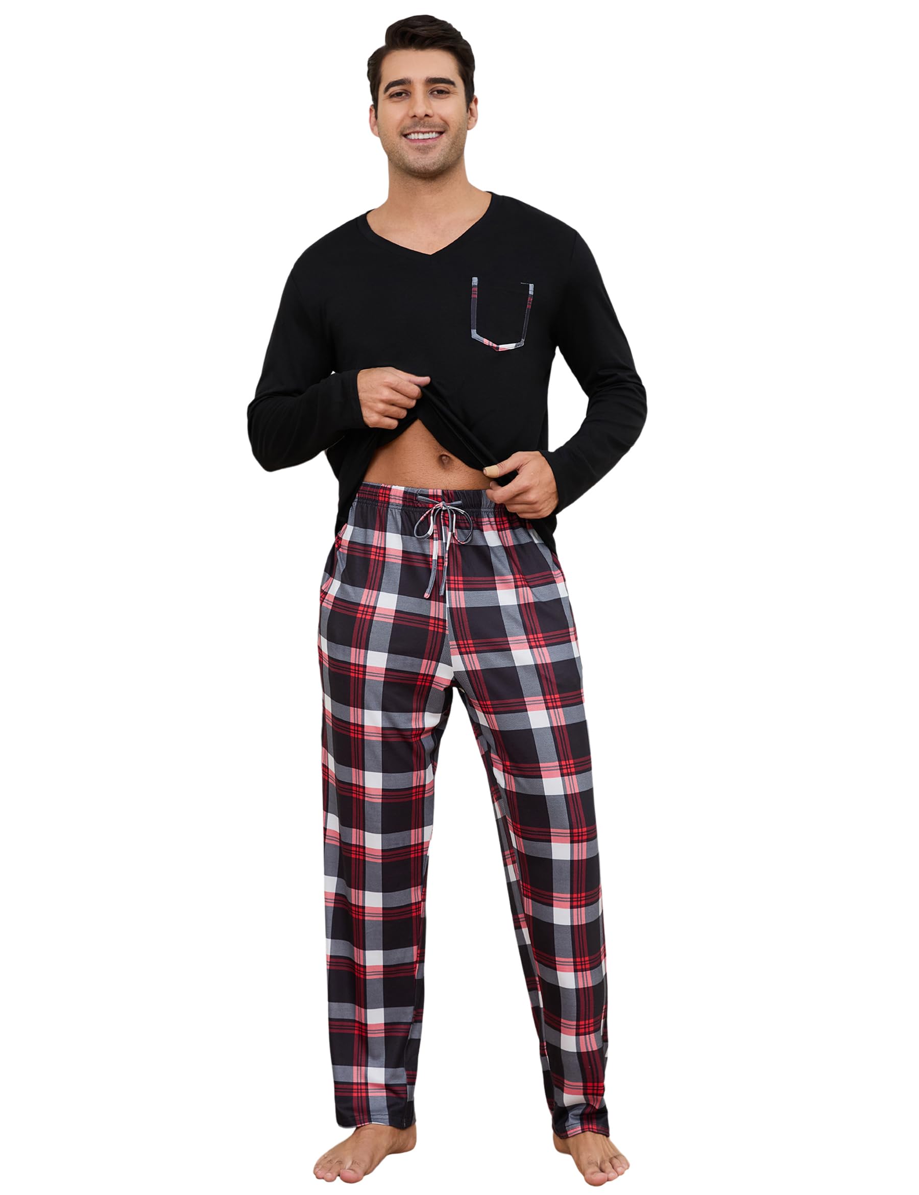 Alebame Pigiama Uomo Invernale Pigiama Uomo Cotone Lungo Pigiami Due Pezzi da Uomo Maniche Lunghe da Casa Caldo Casual