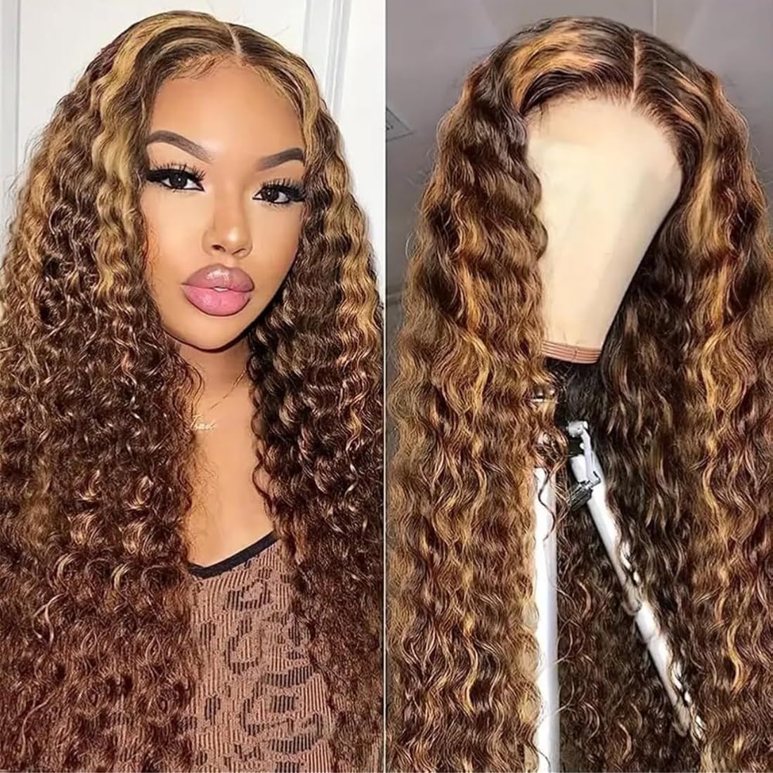 Highlight Deep Wave 5x5 HD Lace Closure Wigs Human Hair Glueless P4/27 Ombre Lace Closure Wig for Black Women 180 Density Honey Blonde Closure Wigs Pre Plucked 28 Inch