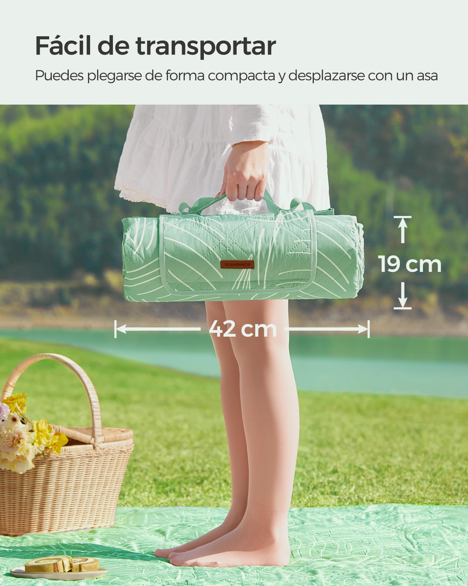 SONGMICS Manta de Picnic, 300 x 200 cm, con 4 Estacas de Suelo, Manta Grande, para Camping, Parque, Jardín, Playa, Impermeable, Lavable a Máquina, Plegable, Motivo de Hojas y Verde Menta GCM310C03
