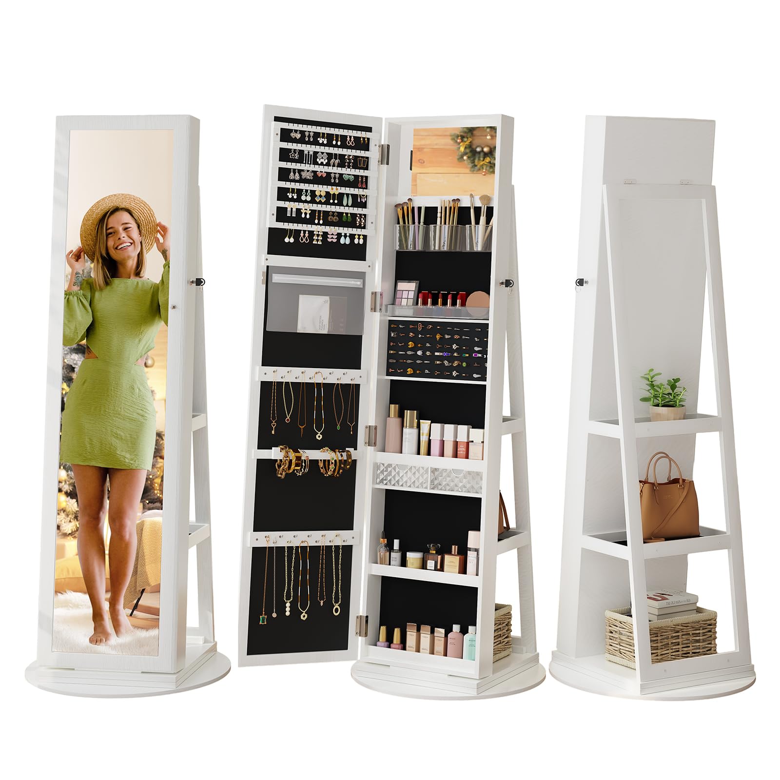 Dripex Schmuckschrank mit Spiegel, Standspiegel stehend, Schmuck Spiegelschrank mit Ganzkörperspiegel und Innenspiegel, Schmuck Organizer mit Ablagen 3 in 1, 360° für Valentinstagsgeschenke - weiß