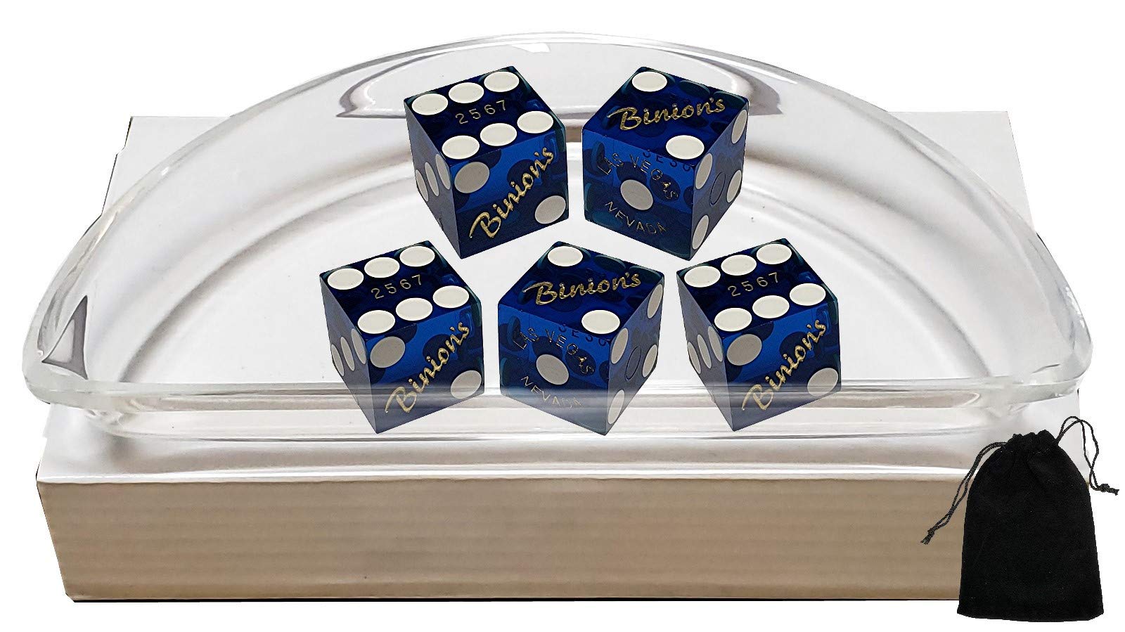Cyber-Deals Craps Würfel-Set – authentische Las Vegas Casino 19 mm Würfelwürfel (Set von 5), Acryl Würfel Boot, Würfel Aufbewahrungstasche (Binion's (blau poliert))