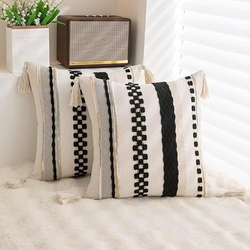 Miniatura 10 de WANLIRD Juego de 2 fundas de almohada bohemias de 18 x 18 pulgadas, fundas de almohada tejidas copetudas con borlas y textura a rayas, fundas de