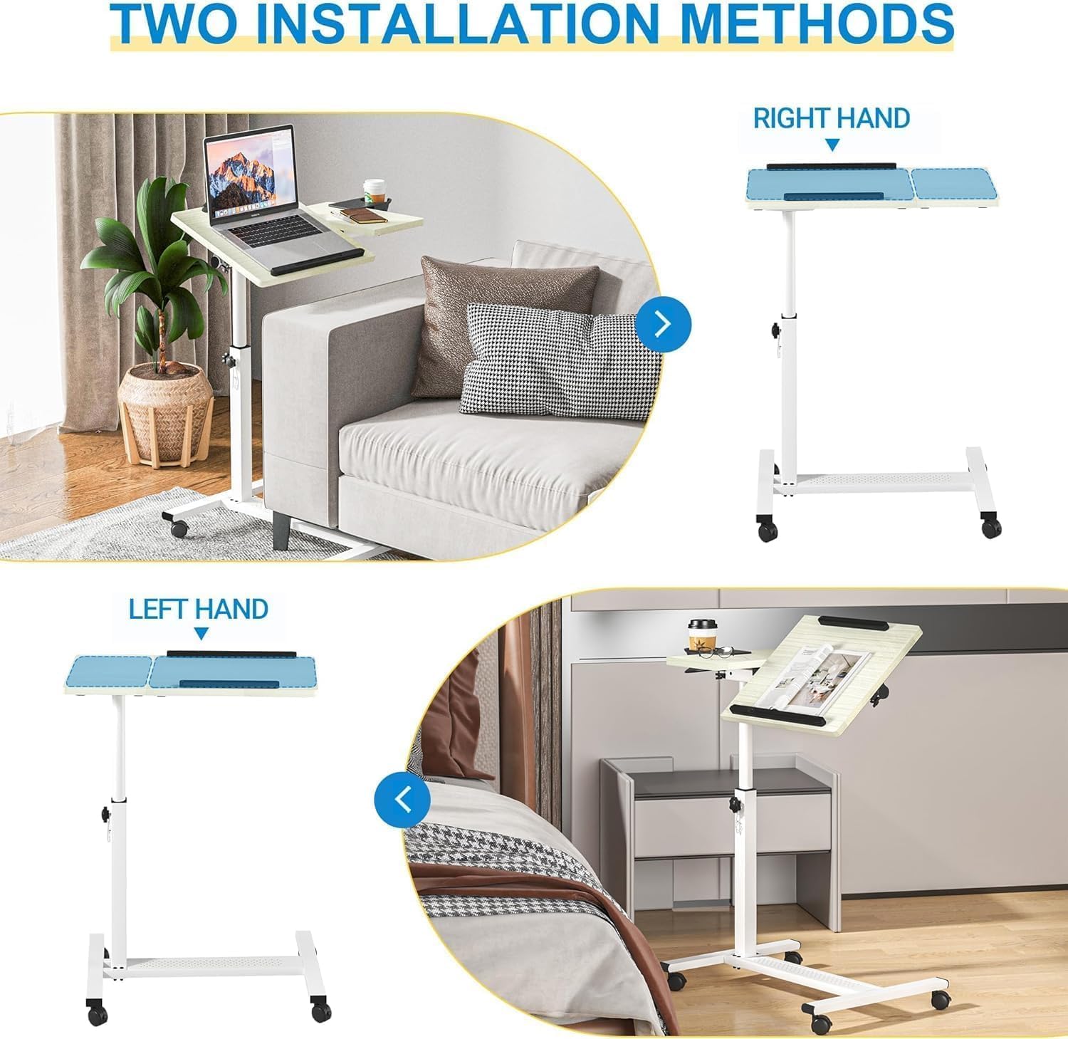 Panta Height Adjustable Rolling Laptop Stand, Overbed Table with 2 Tilting Desktops, Mobile Laptop Table for Couch with Cup Holder, Mobile Computer Workstation for Office, Home and Hospital,Maple