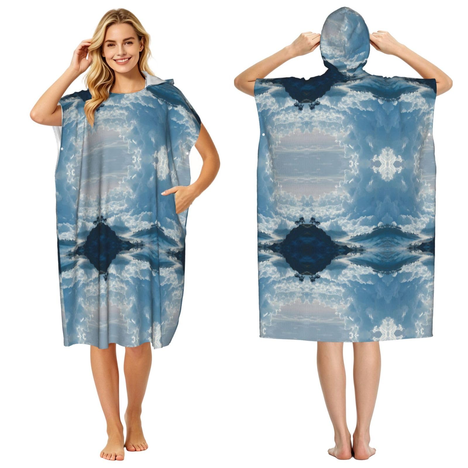 EZDLOWVBA Sea Of Clouds Print Hooded Poncho Microfiber Beach Towel,Adult Women & Men Changing Robe,Lightweight Summer Surf Swim Bath Poncho Towel