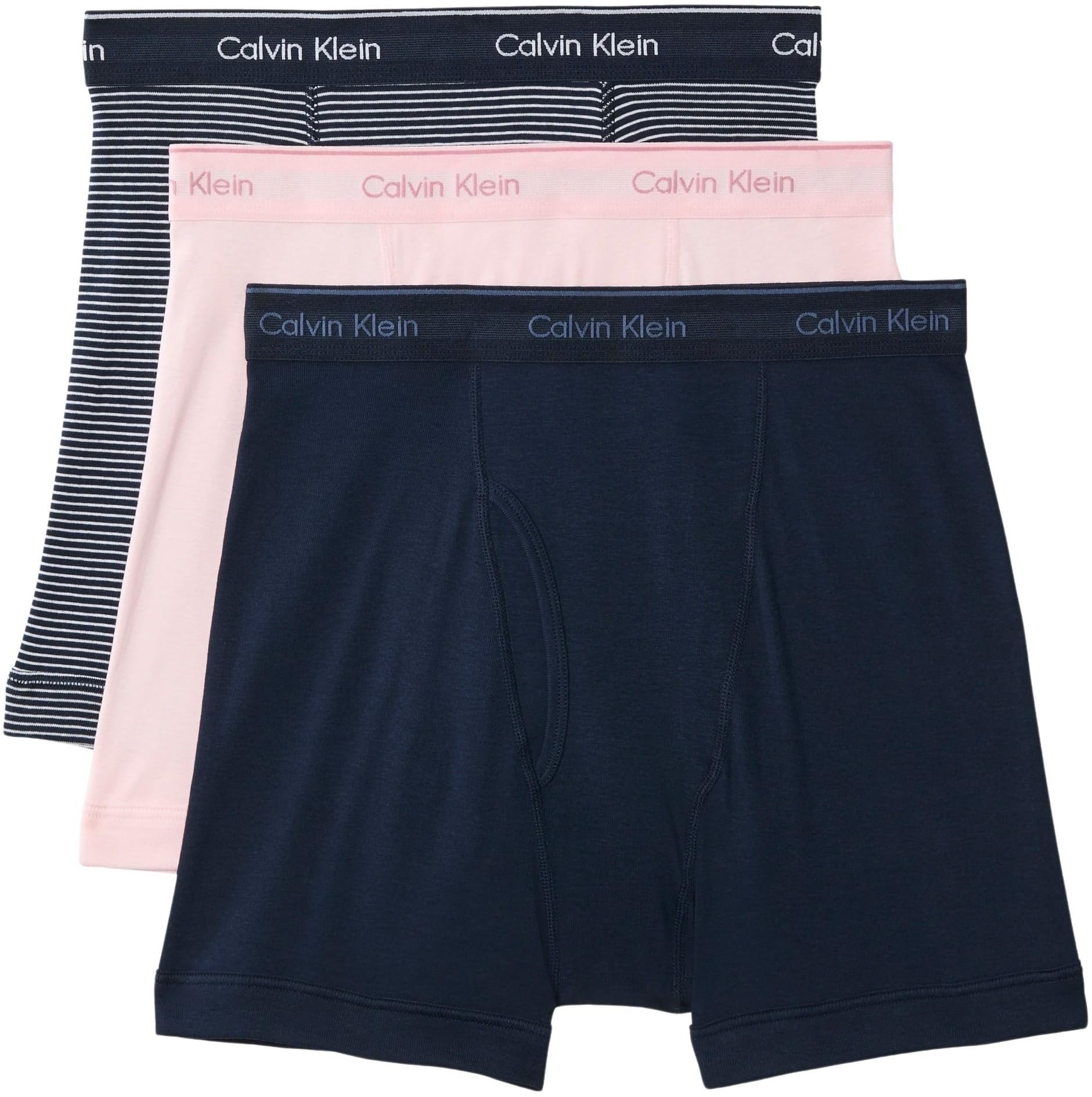 Calvin Klein Men’s 3 Pack Boxer Briefs with Logo Waistband, Multicolor (Horizon Pink/Hairline Stripe Shorel), L