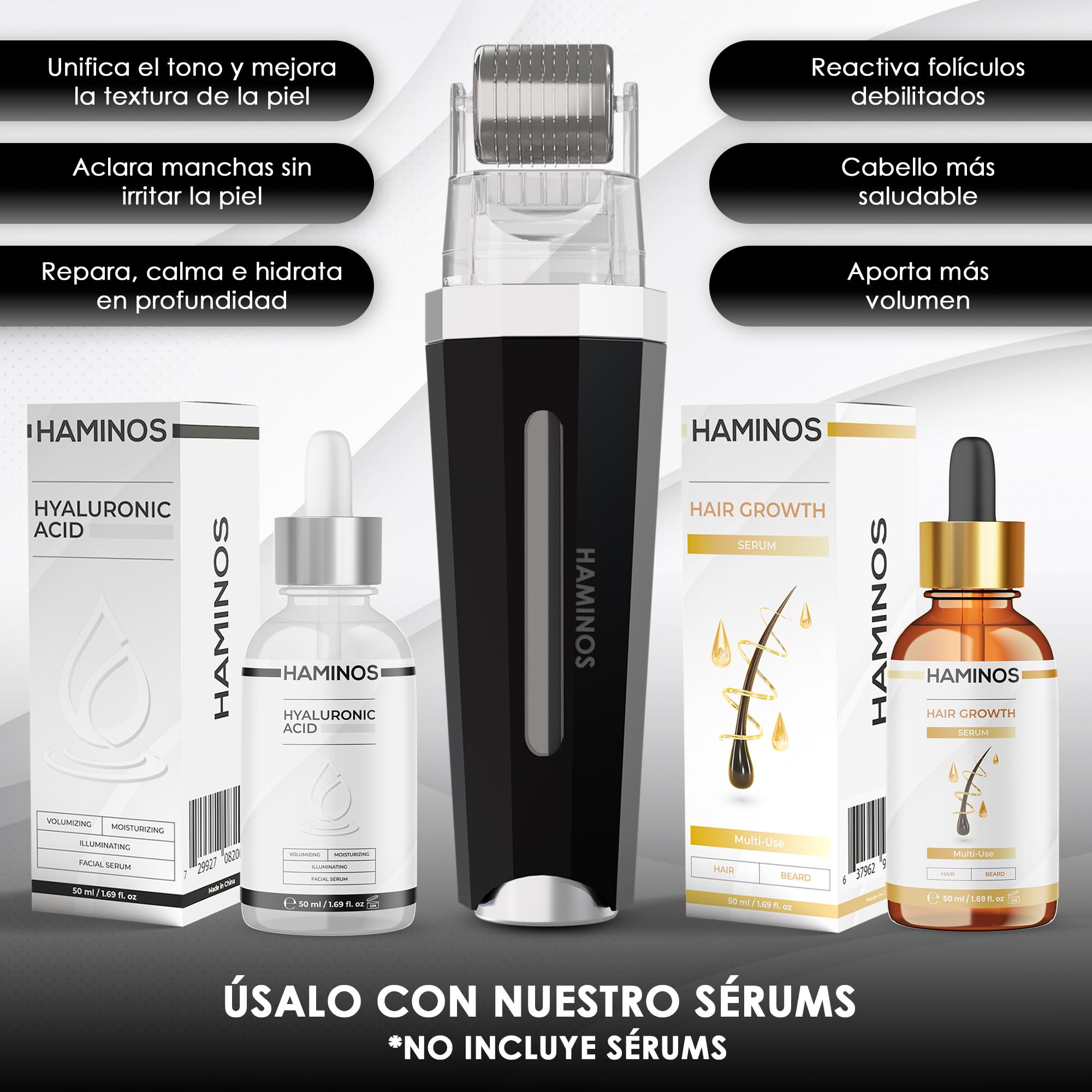 HAMINOS Derma roller 1 mm 3.0 con Depósito para Cabello, Barba, Piel, Arrugas, Estrías, Hiperpigmentación APLICACIÓN INSTANTÁNEA DEL SÉRUM, 520 Agujas de Titanio