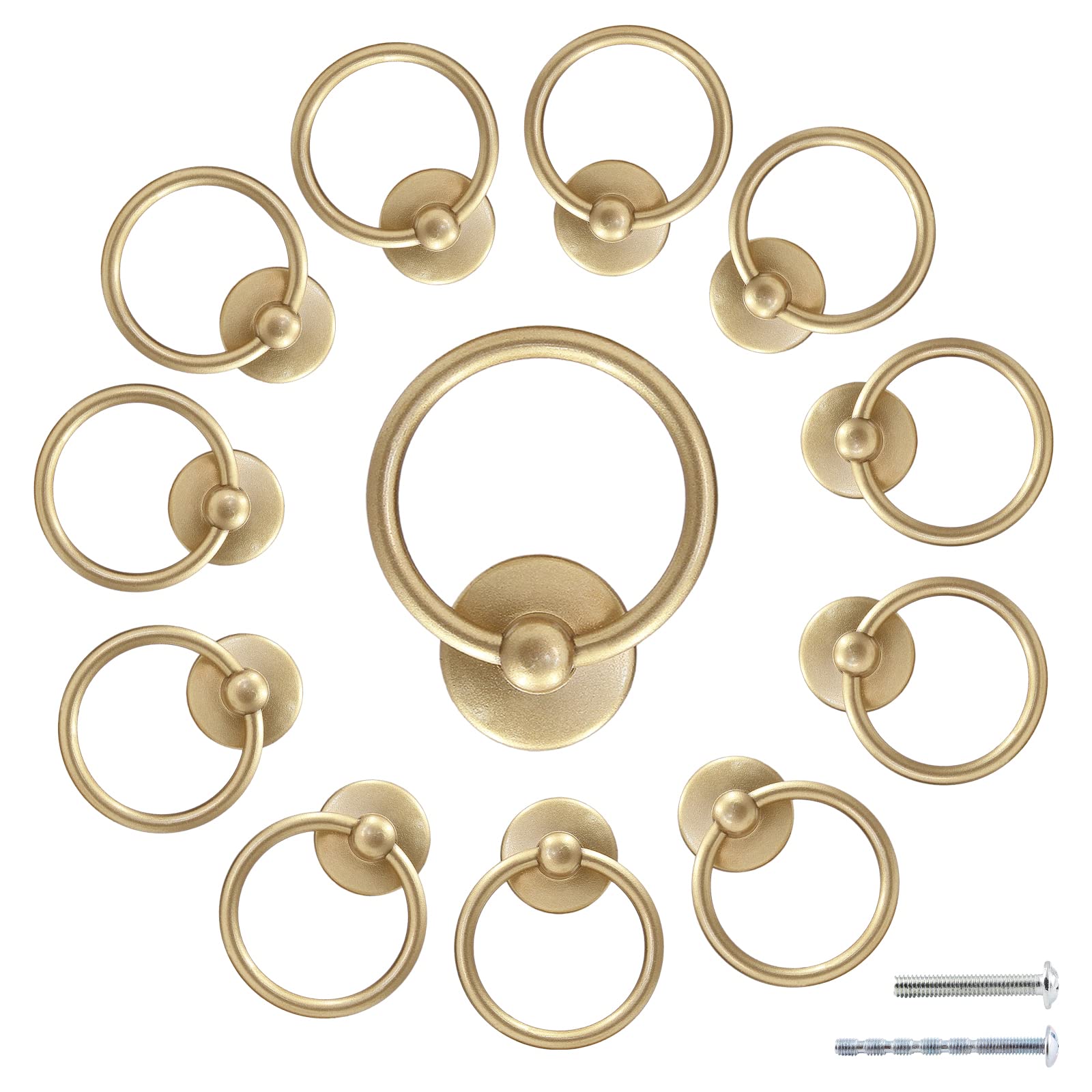 12 Pcs Antique Round Ring Drawer Pulls Vintage Cabinet Drop Ring Knob Pulls Zinc Alloy Circle Dresser Pull Handle with Screws for Furniture, Kitchen, Cupboard, Wardrobe (Gold)