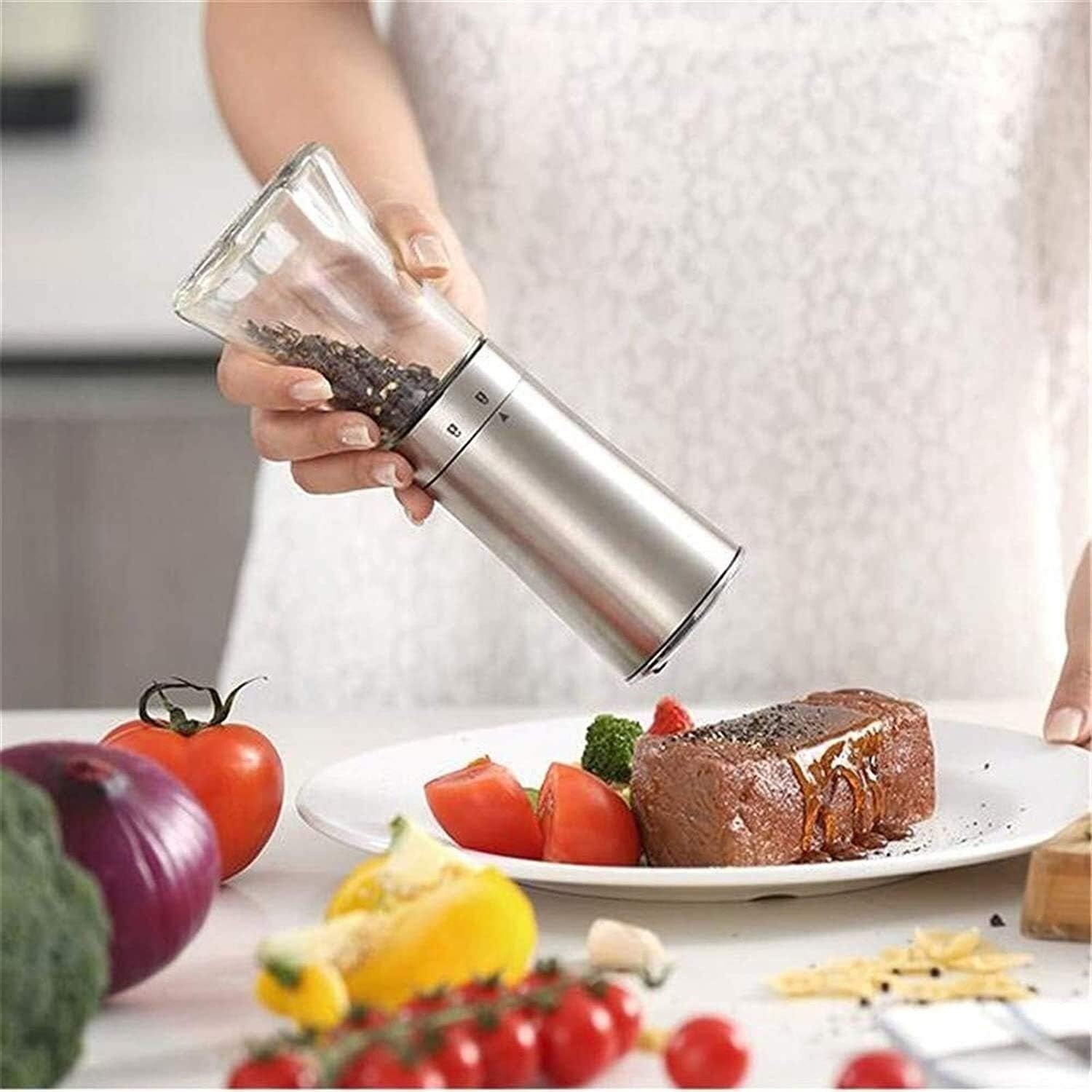 Salt and Pepper Grinder Set Pepper Grinder Refill Grinder Electric Pepper Grinder or Salt Mill Spice Tall Power Shaker Adjustable Ceramic Coarseness Gourmet Precision Mechanisms