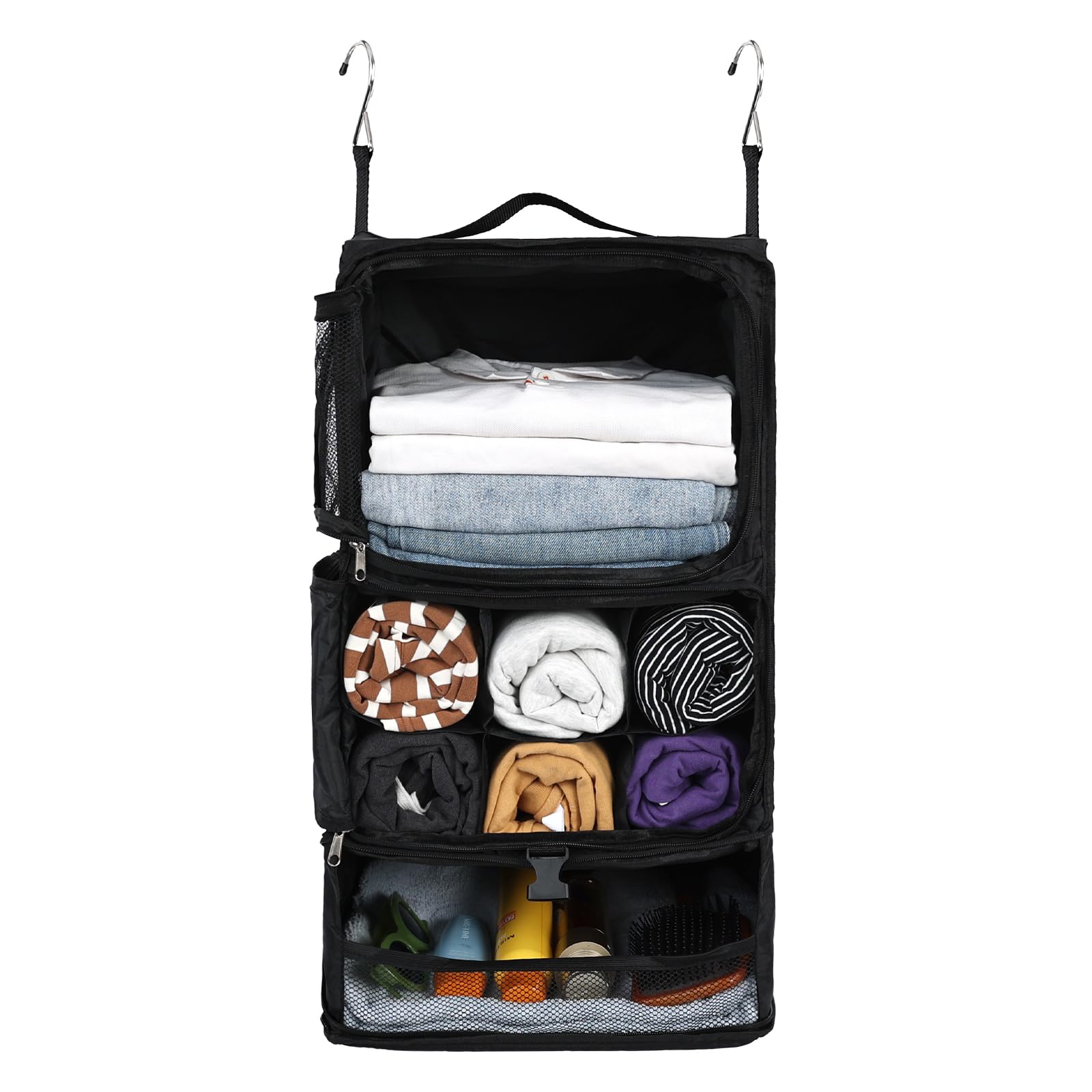 Surblue Hanging Shelves Travel Storage Bag Compression Packing Cube for Suitcase Collapsible with Extension Layer Large Capacity, Black,XL